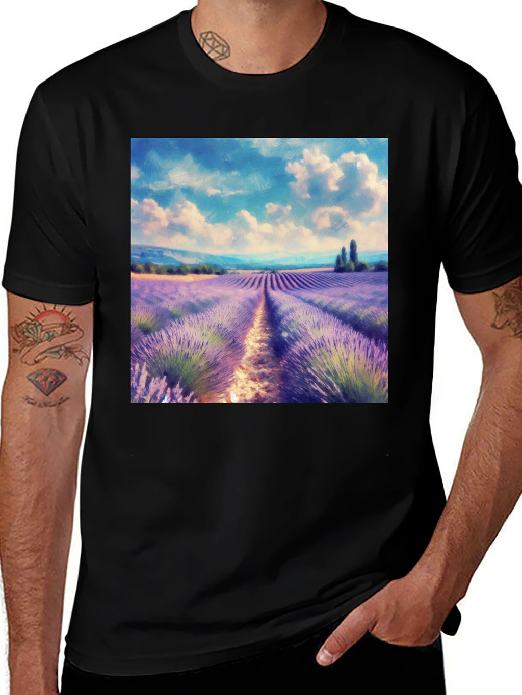 Camiseta Negra con Diseño Campo de Lavanda
