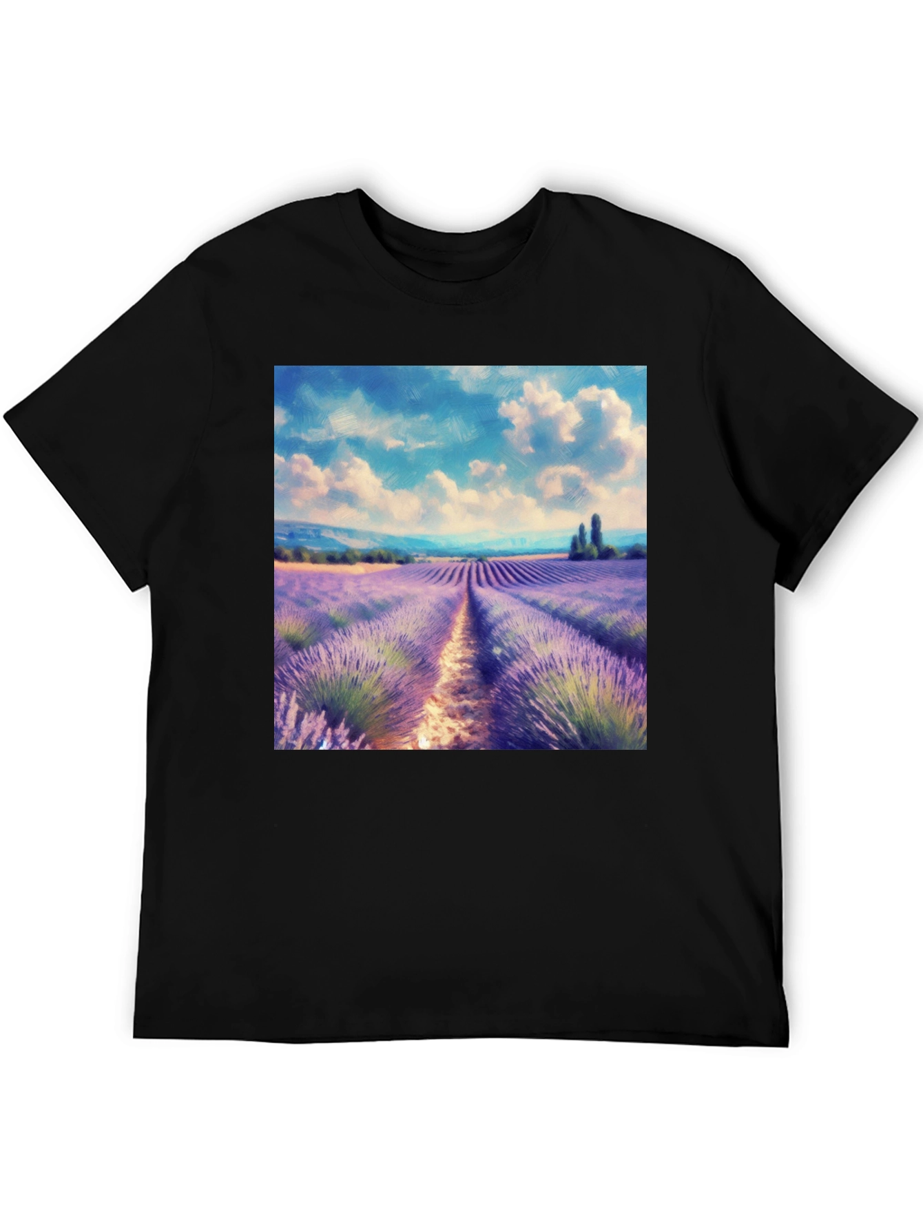 Camiseta Negra con Diseño Campo de Lavanda