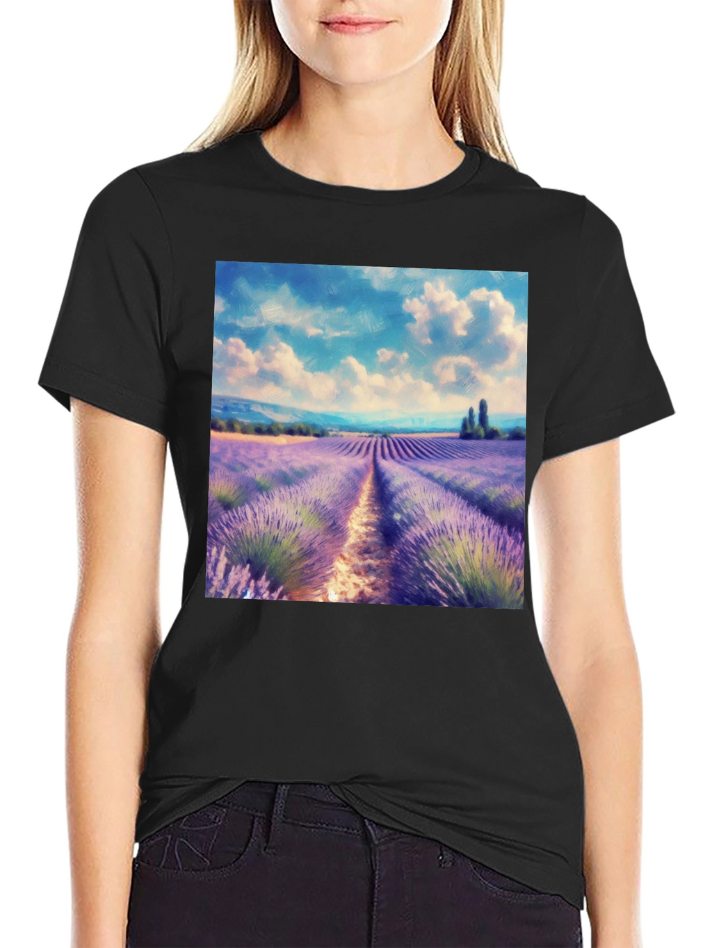 Camiseta Negra con Diseño Campo de Lavanda