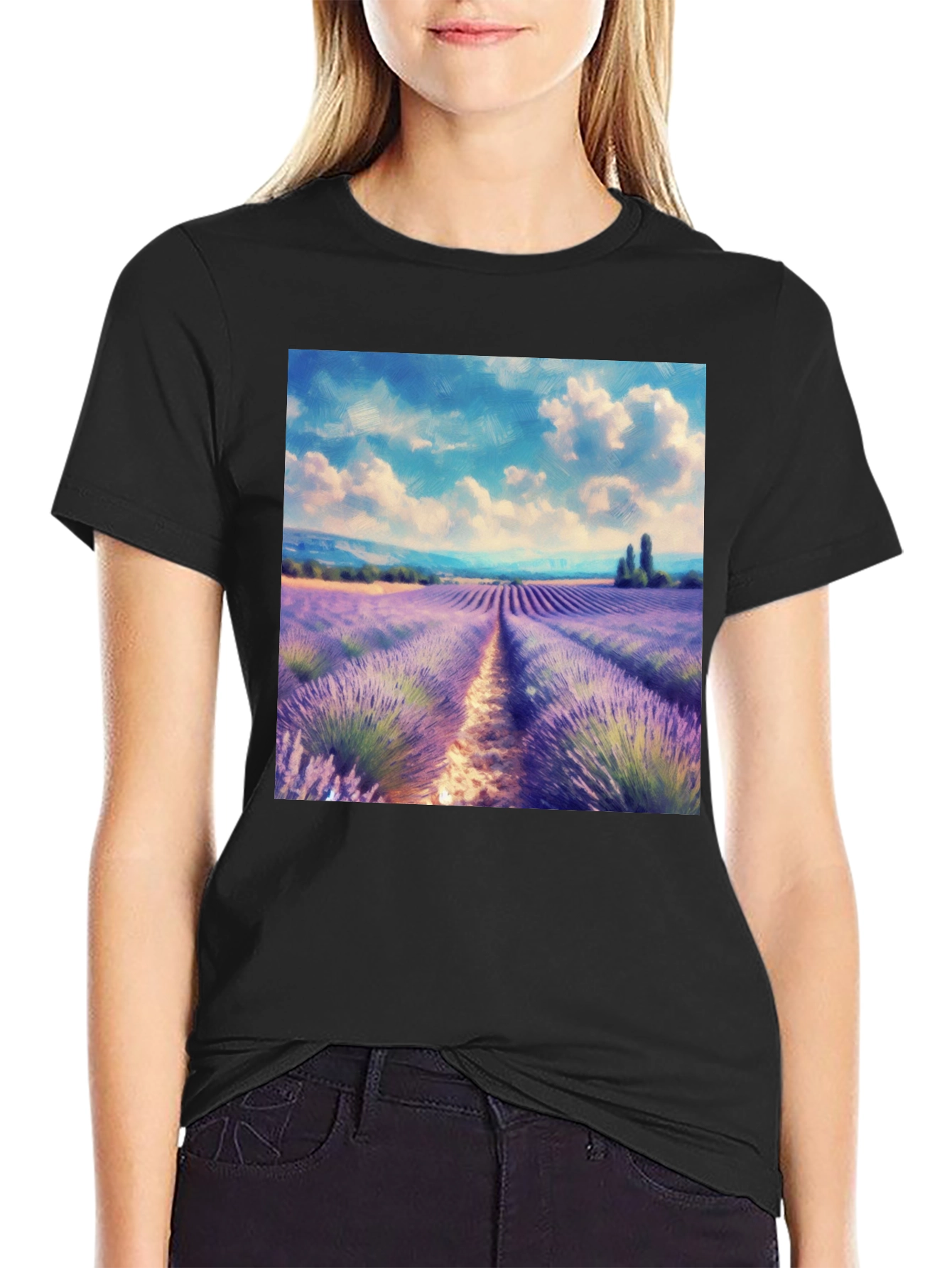 Camiseta Negra con Diseño Campo de Lavanda