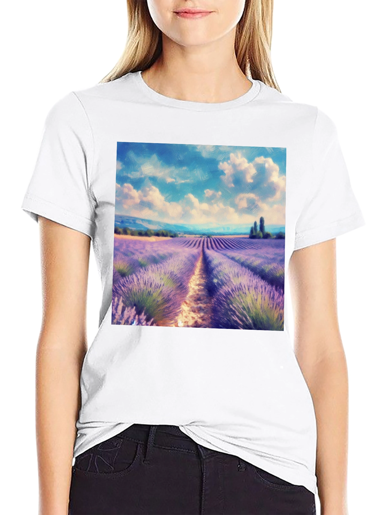 Camiseta Negra con Diseño Campo de Lavanda