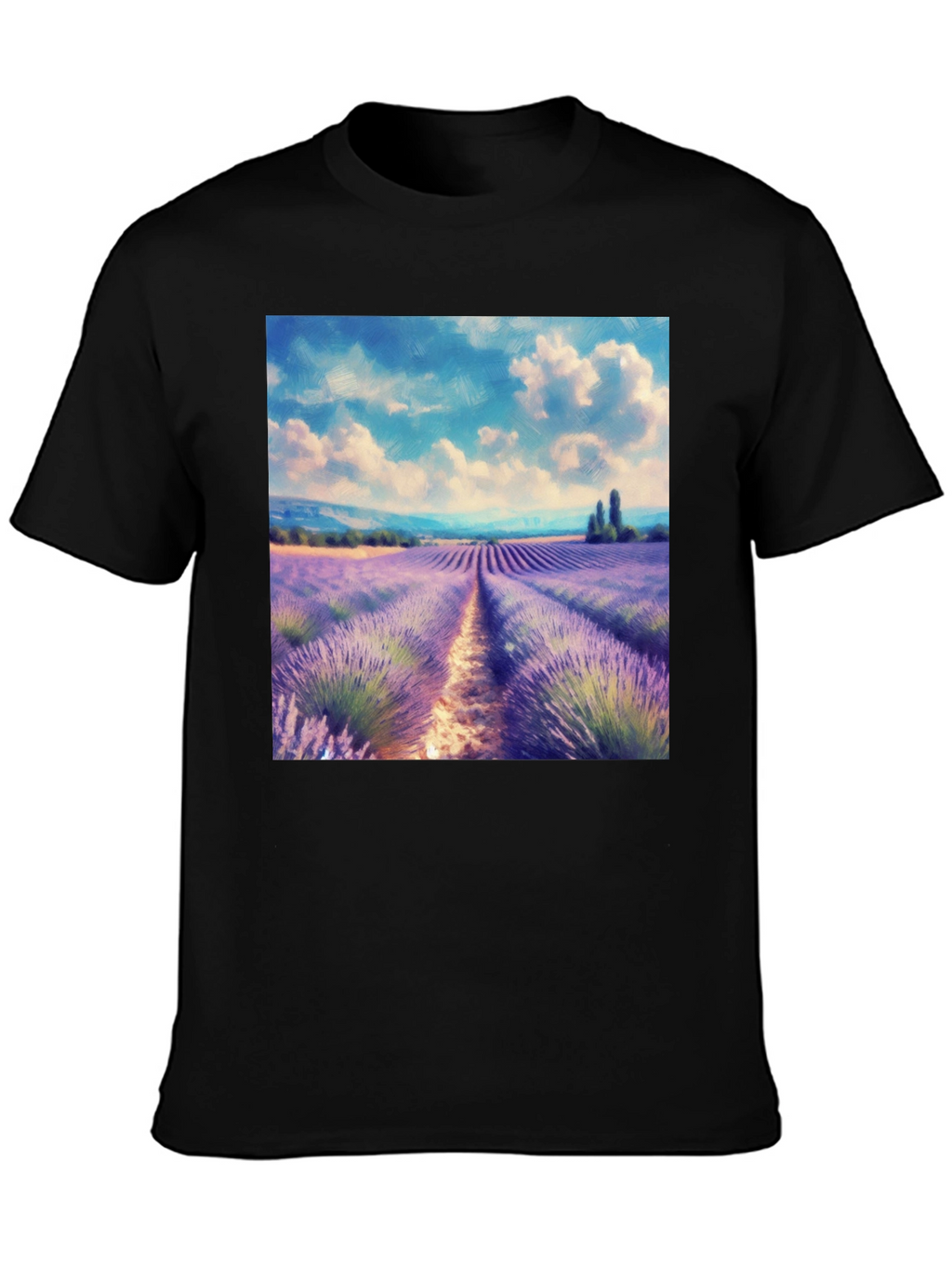 Camiseta Negra con Diseño Campo de Lavanda