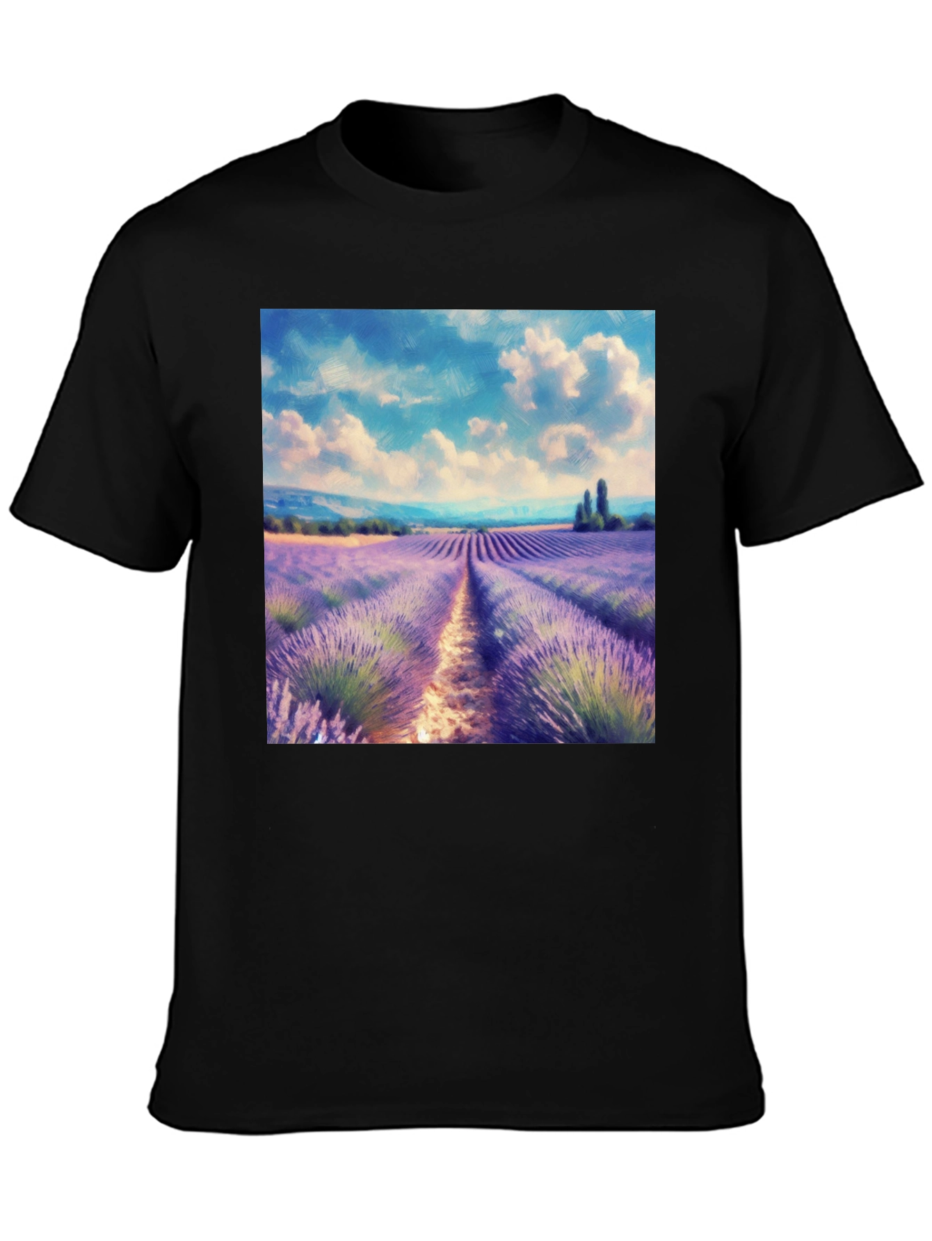 Camiseta Negra con Diseño Campo de Lavanda