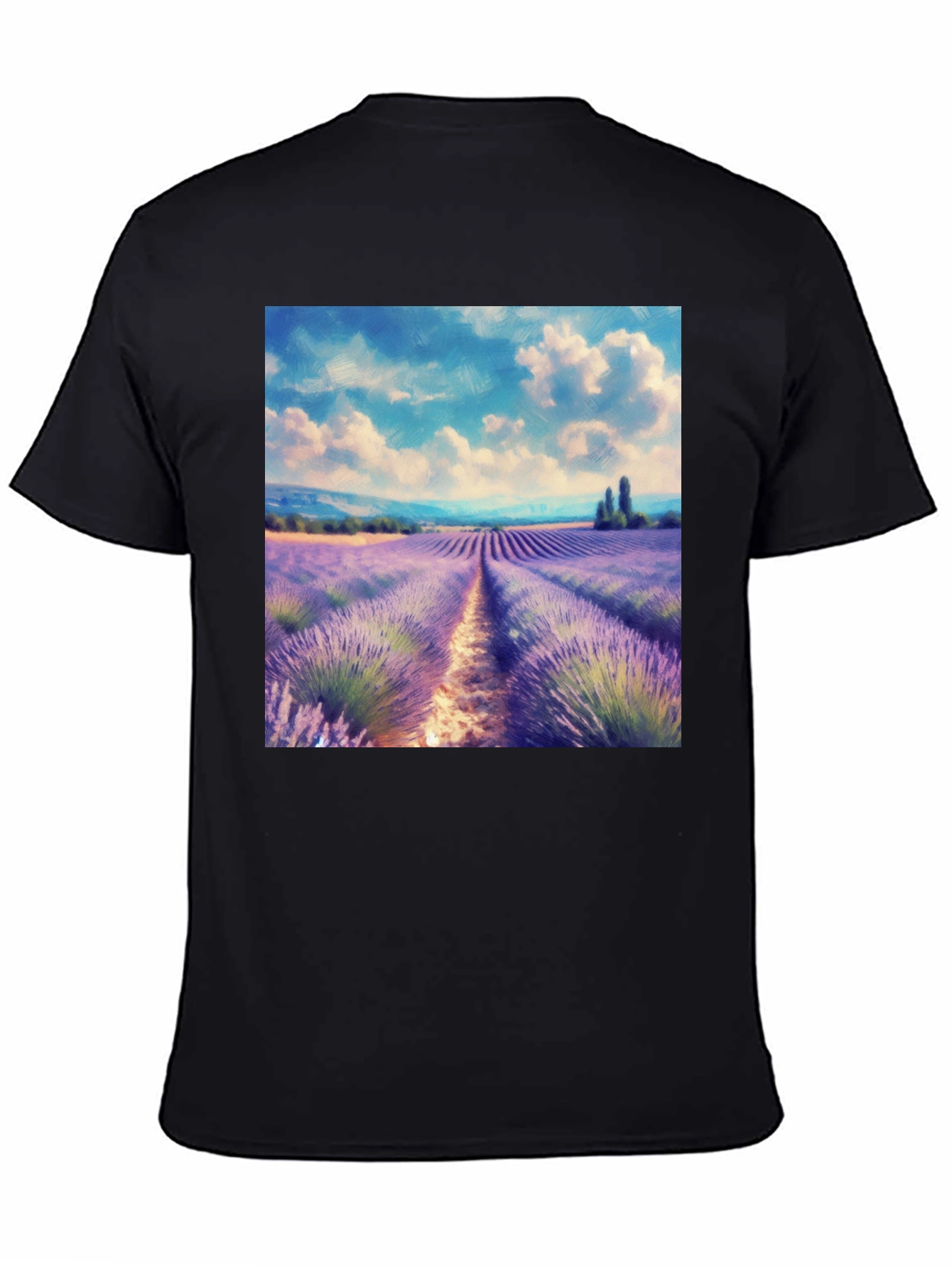 Camiseta Negra con Diseño Campo de Lavanda