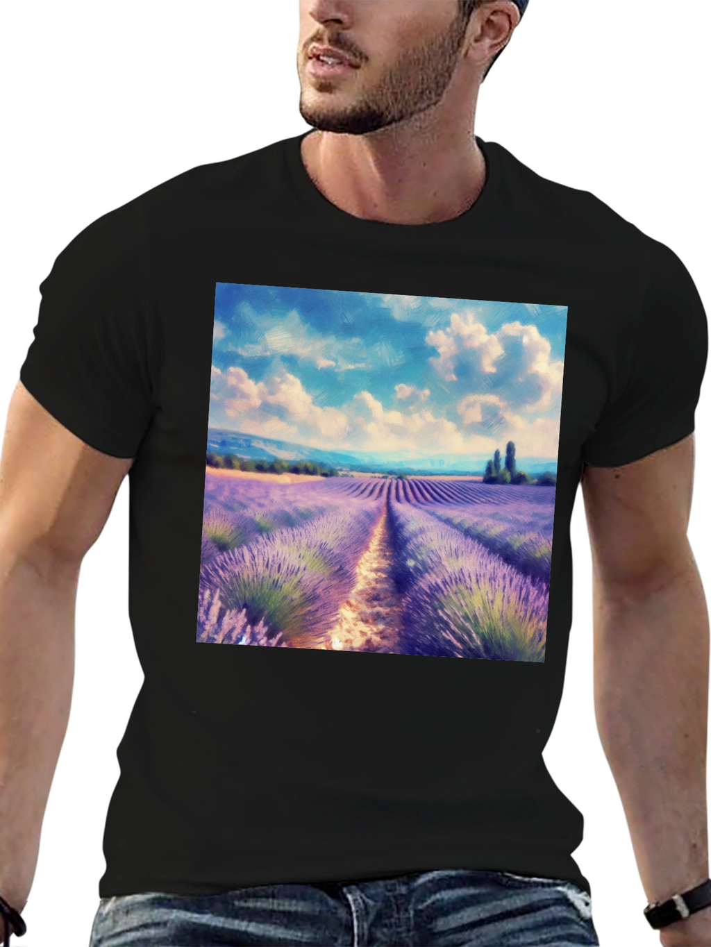 Camiseta Negra con Diseño Campo de Lavanda