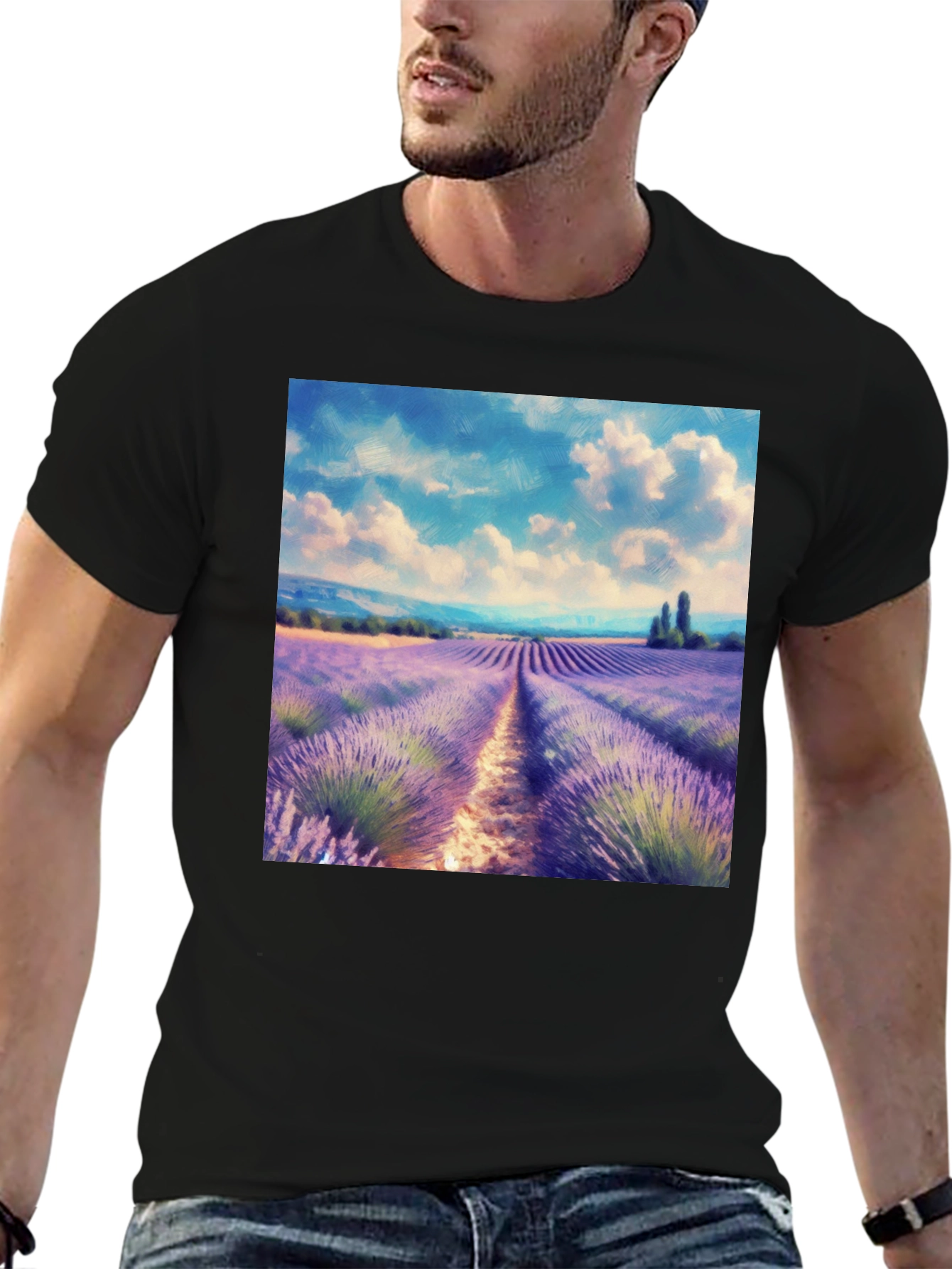 Camiseta Negra con Diseño Campo de Lavanda