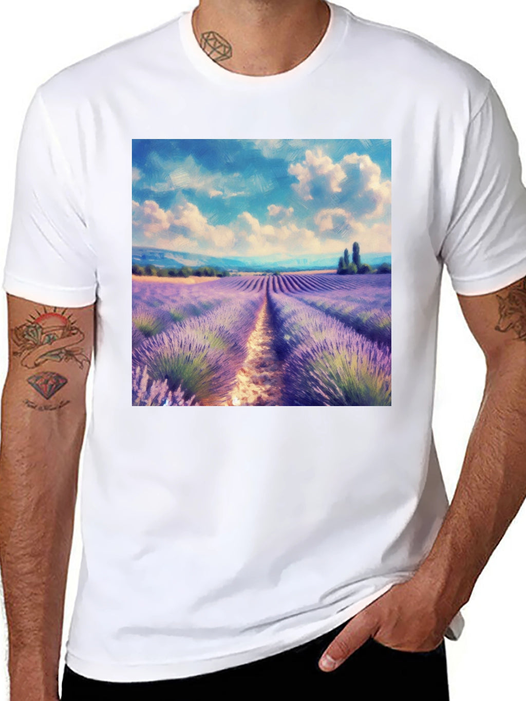 Camiseta Negra con Diseño Campo de Lavanda