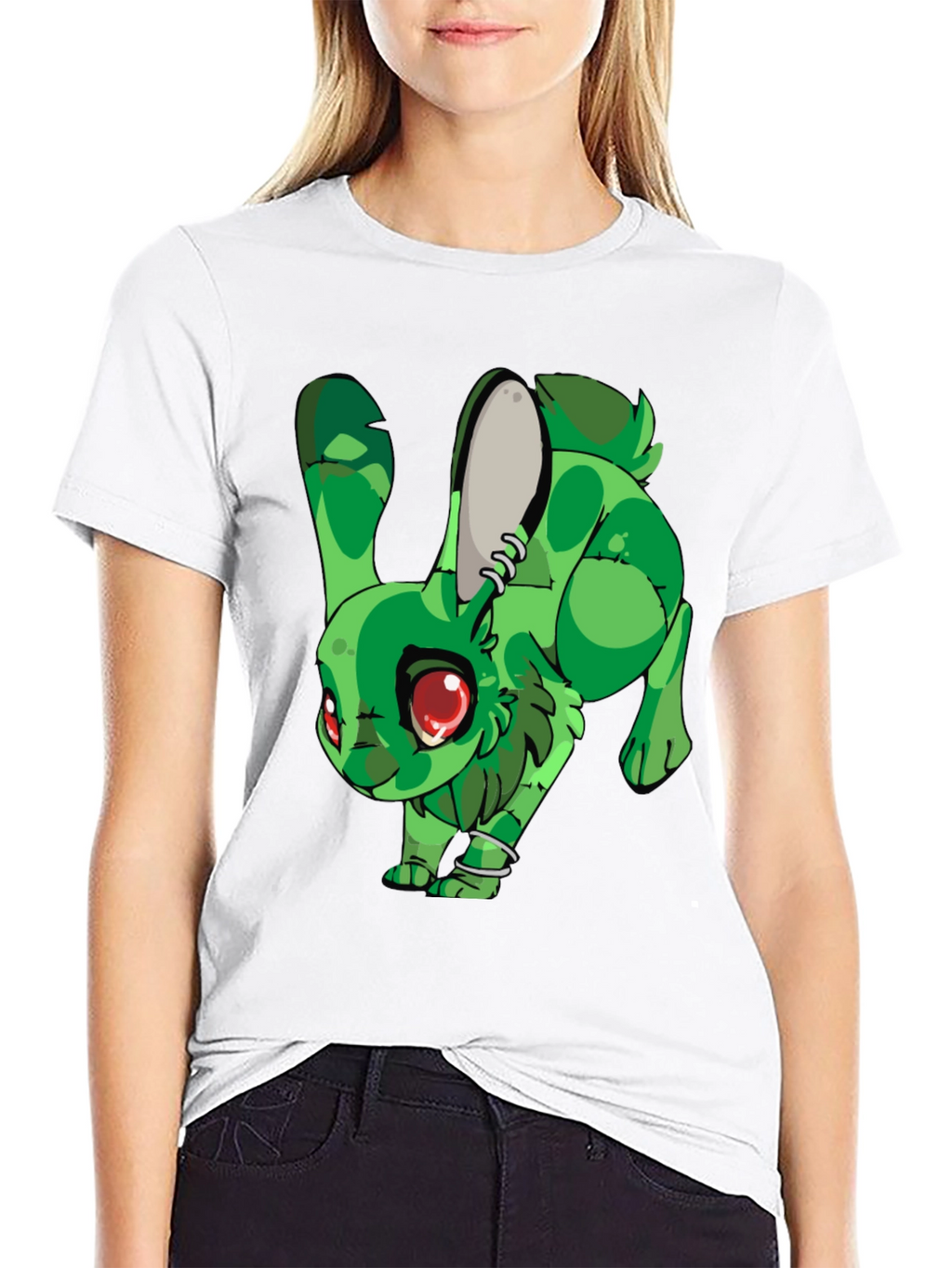 Camiseta Negra con Conejo Verde Estilizado