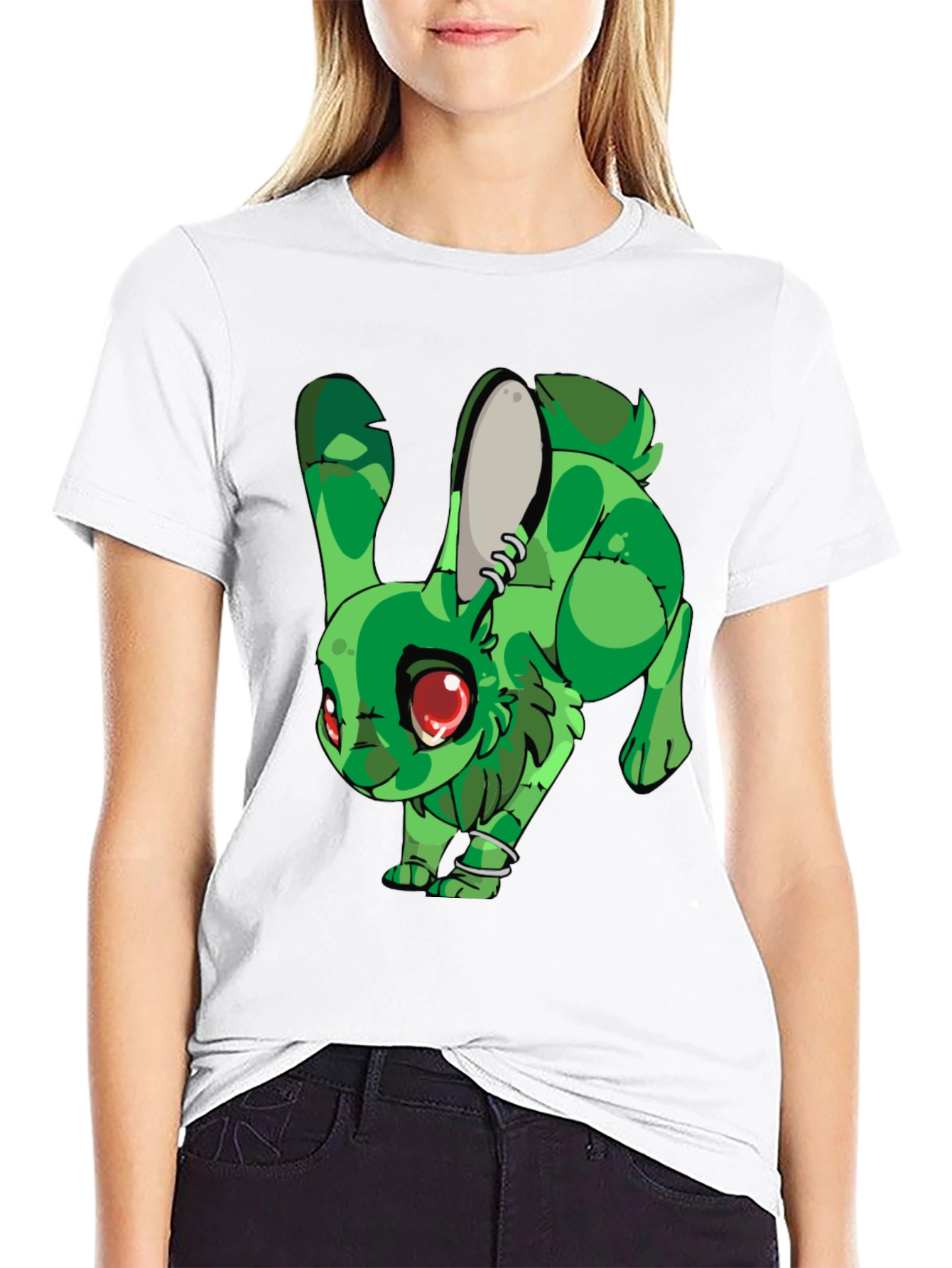 Camiseta Negra con Conejo Verde Estilizado