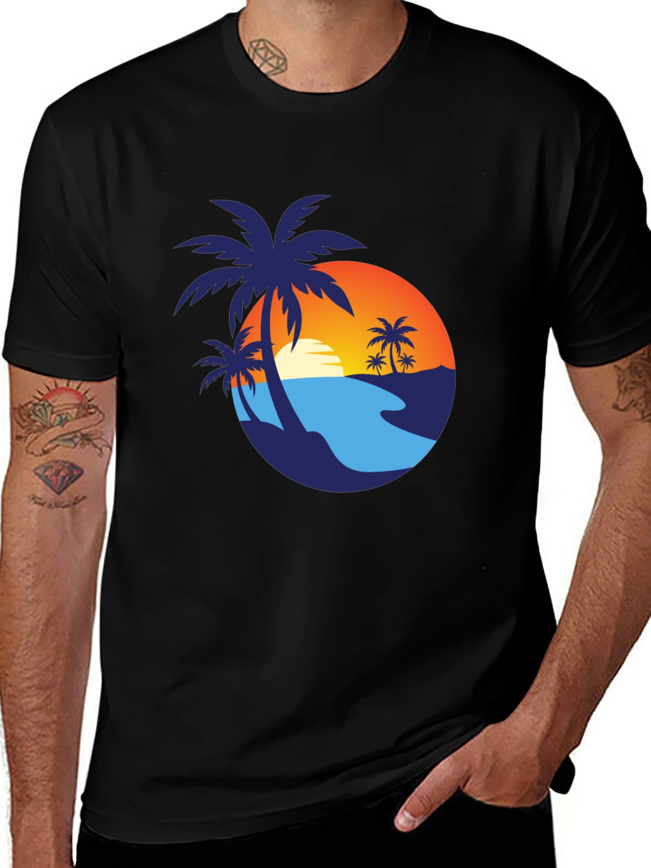 Camiseta Negra con Diseño de Palmeras al Atardecer
