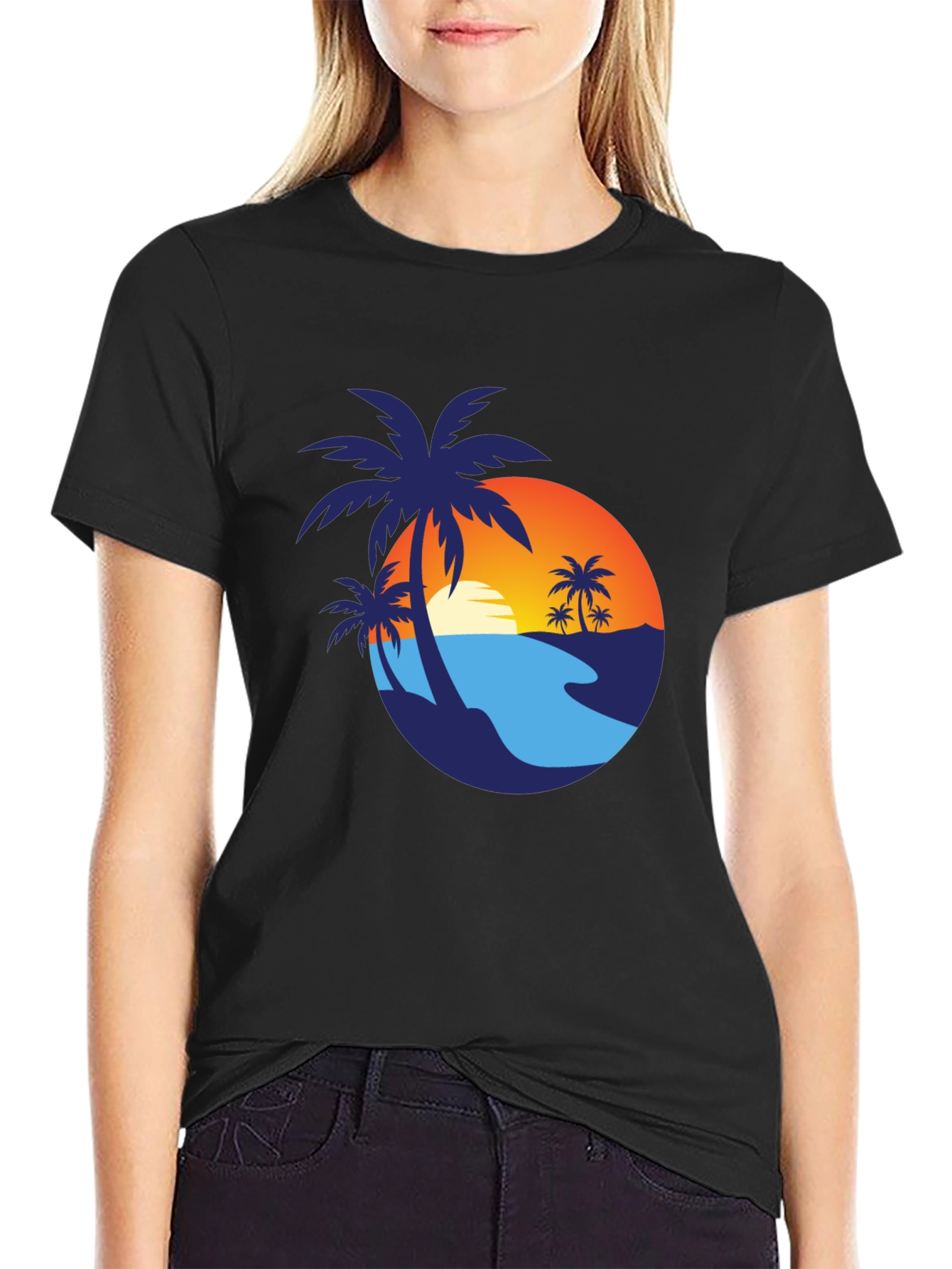 Camiseta Negra con Diseño de Palmeras al Atardecer