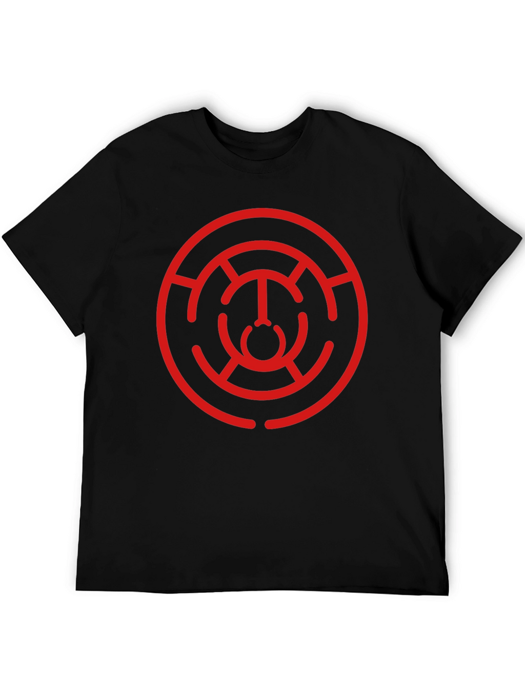 Camiseta Negra con Diseño Circular Abstracto Rojo