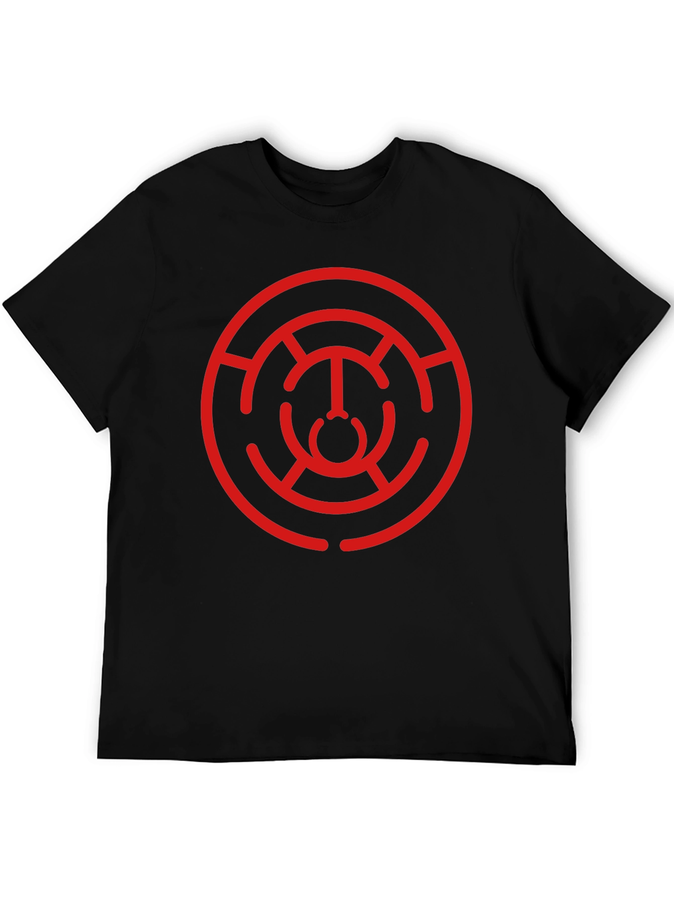 Camiseta Negra con Diseño Circular Abstracto Rojo