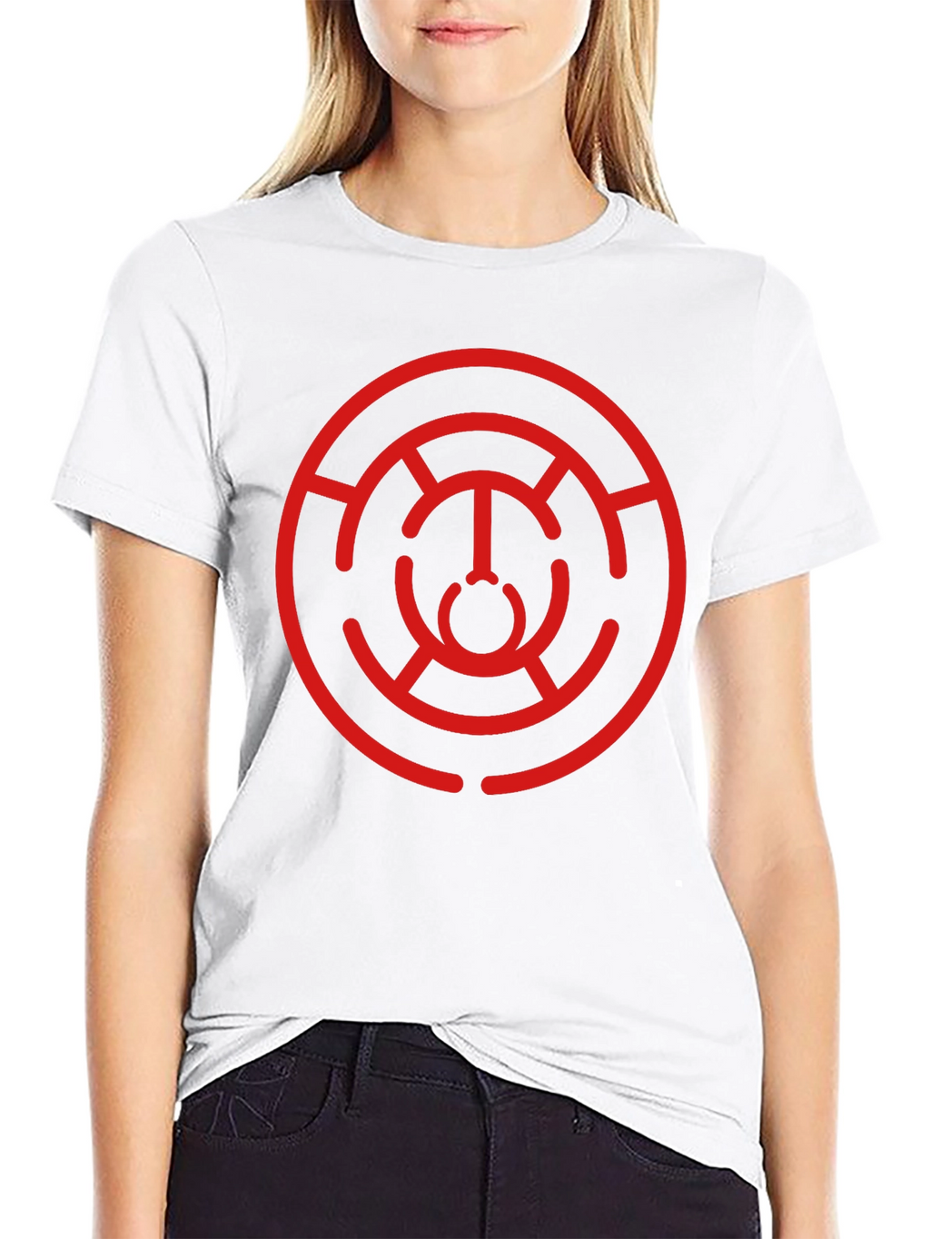 Camiseta Negra con Diseño Circular Abstracto Rojo