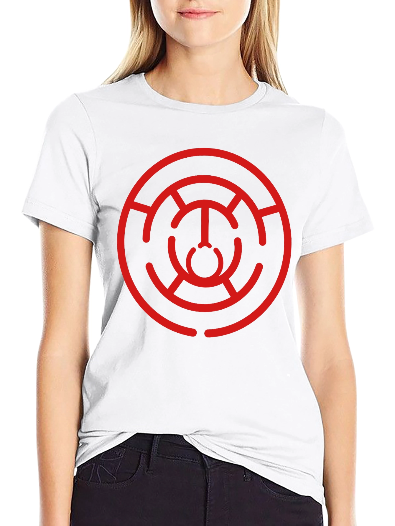 Camiseta Negra con Diseño Circular Abstracto Rojo