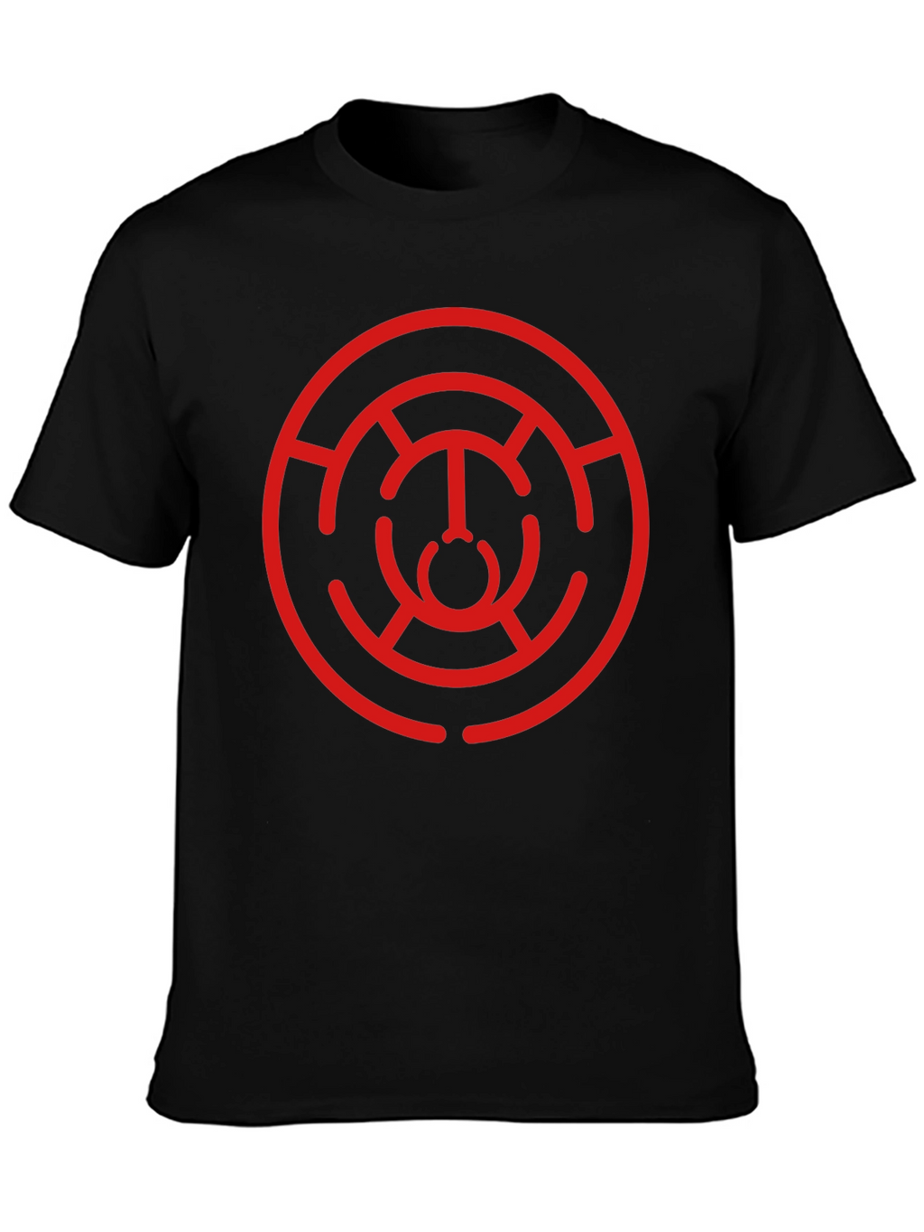 Camiseta Negra con Diseño Circular Abstracto Rojo