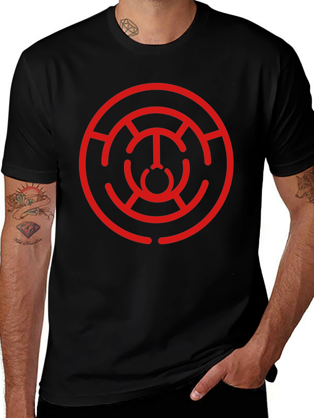 Camiseta Negra con Diseño Circular Abstracto Rojo