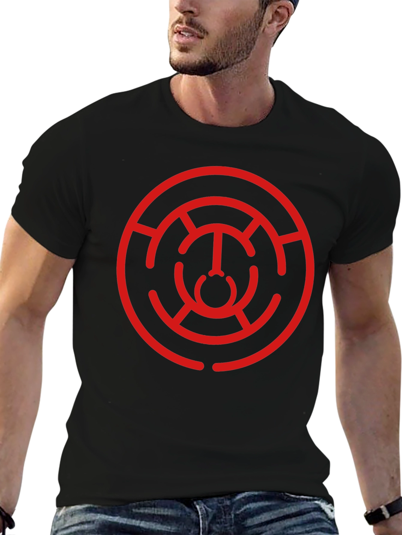 Camiseta Negra con Diseño Circular Abstracto Rojo