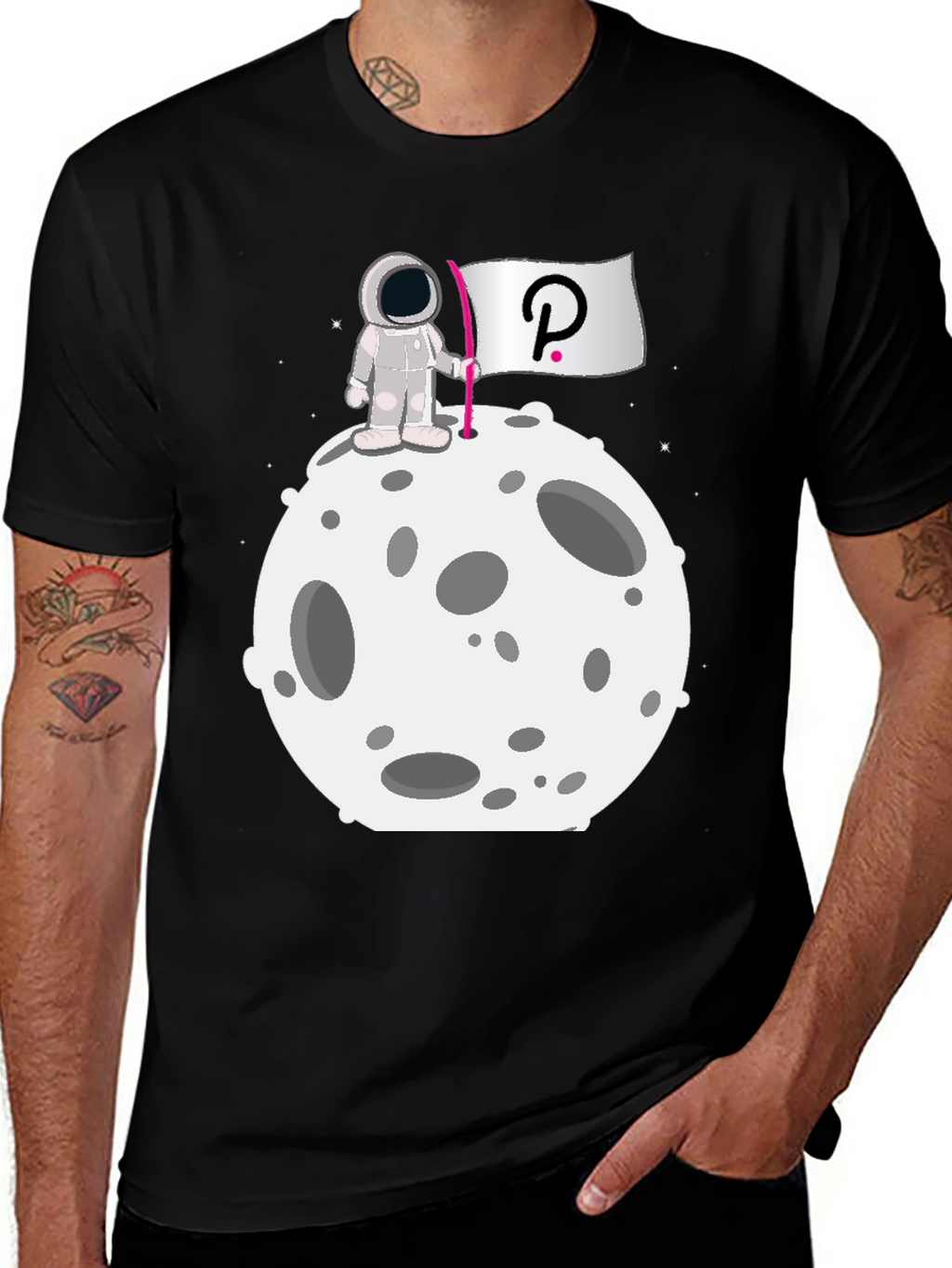 Camiseta Negra Astronauta Polkadot Luna Algodón