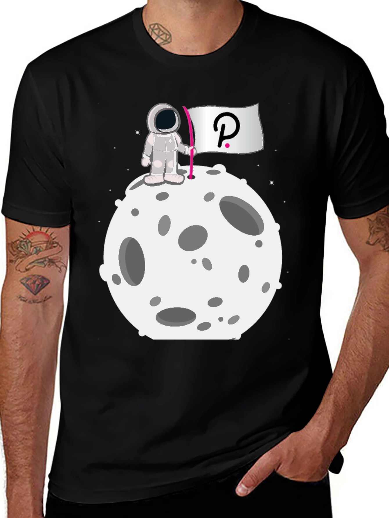 Camiseta Negra Astronauta Polkadot Luna Algodón