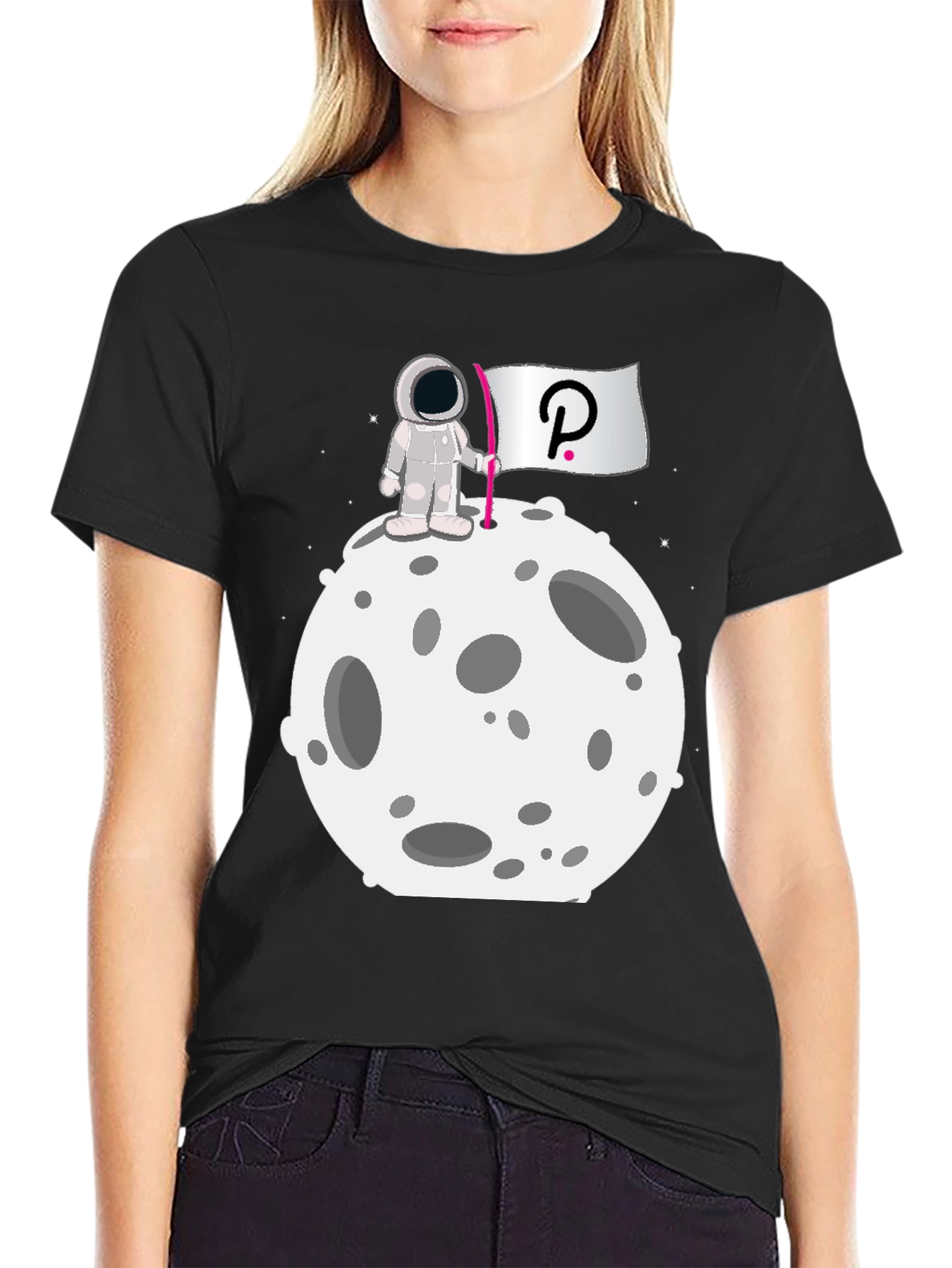 Camiseta Negra Astronauta Polkadot Luna Algodón