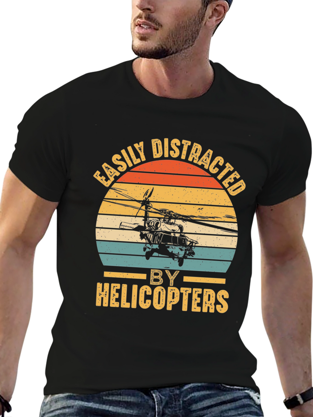 Camiseta Negra con Diseño de Helicóptero Retro