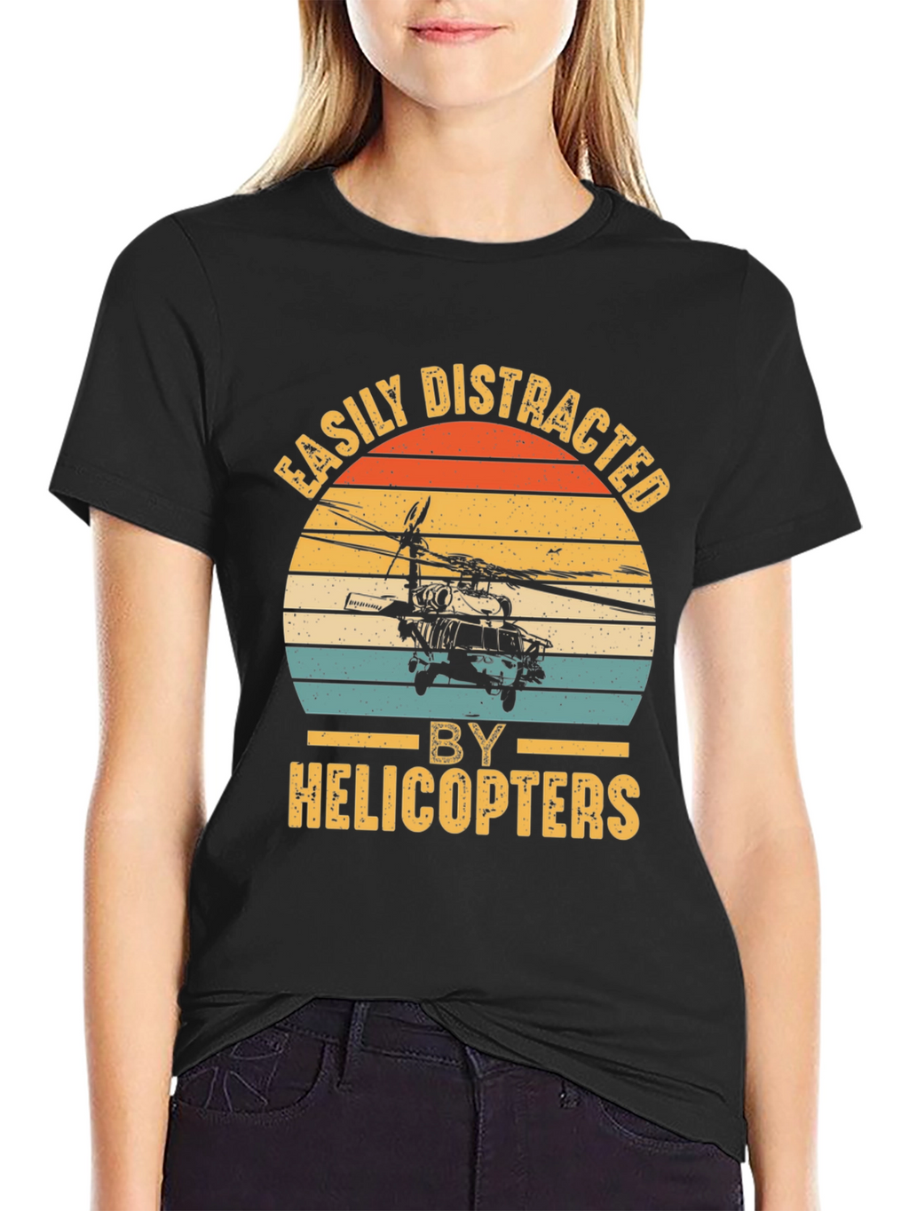 Camiseta Negra con Diseño de Helicóptero Retro