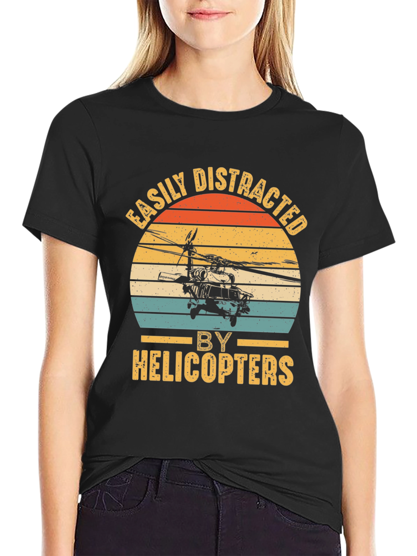 Camiseta Negra con Diseño de Helicóptero Retro