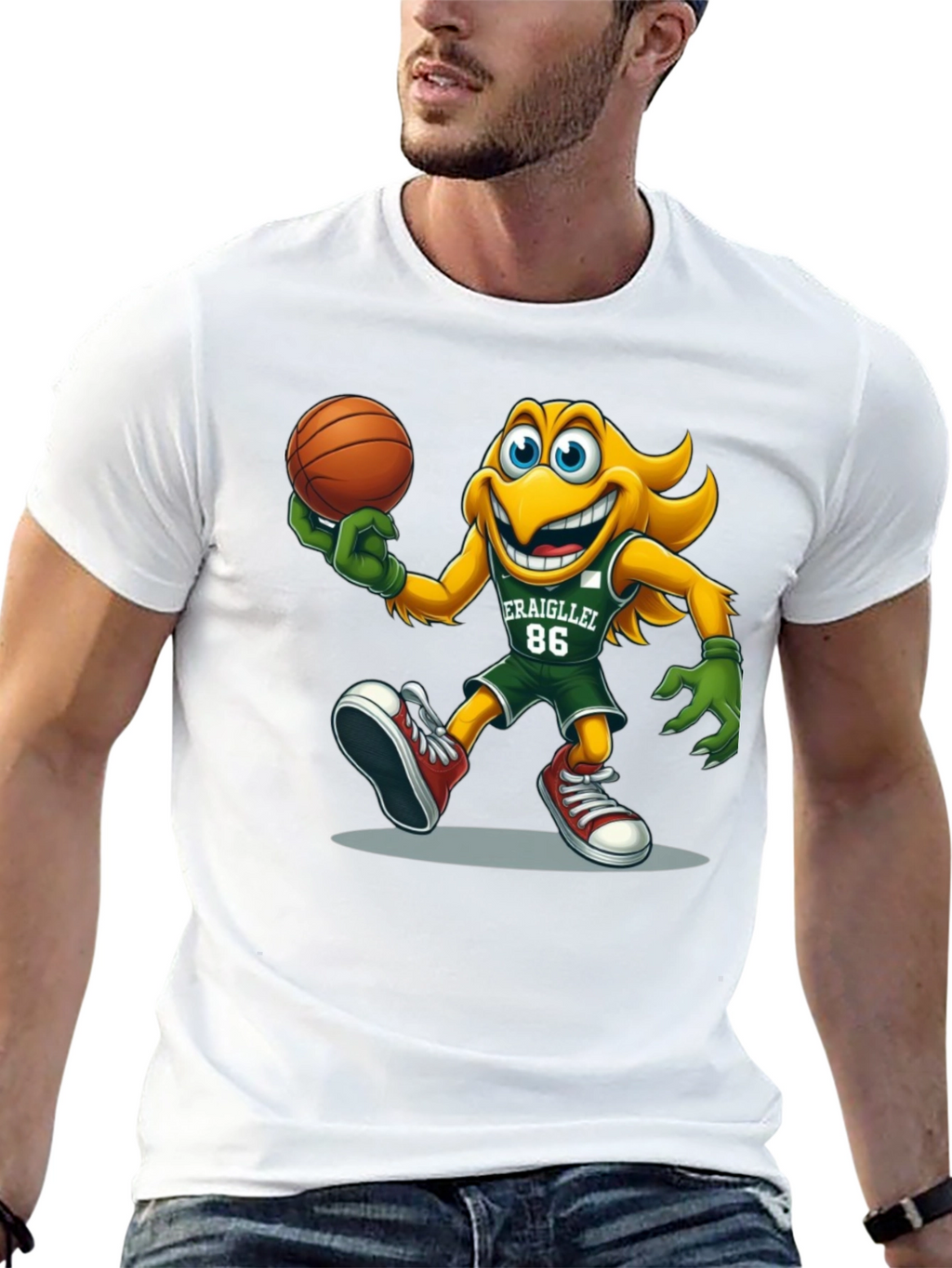 Camiseta Negra con Dibujo Animado de Baloncesto