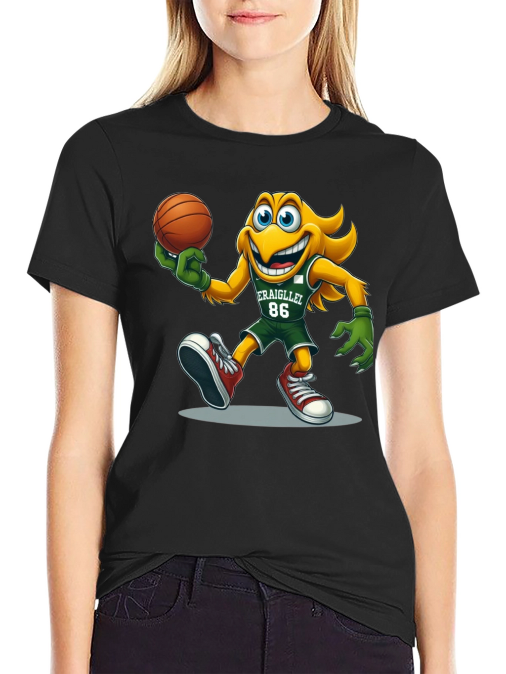 Camiseta Negra con Dibujo Animado de Baloncesto