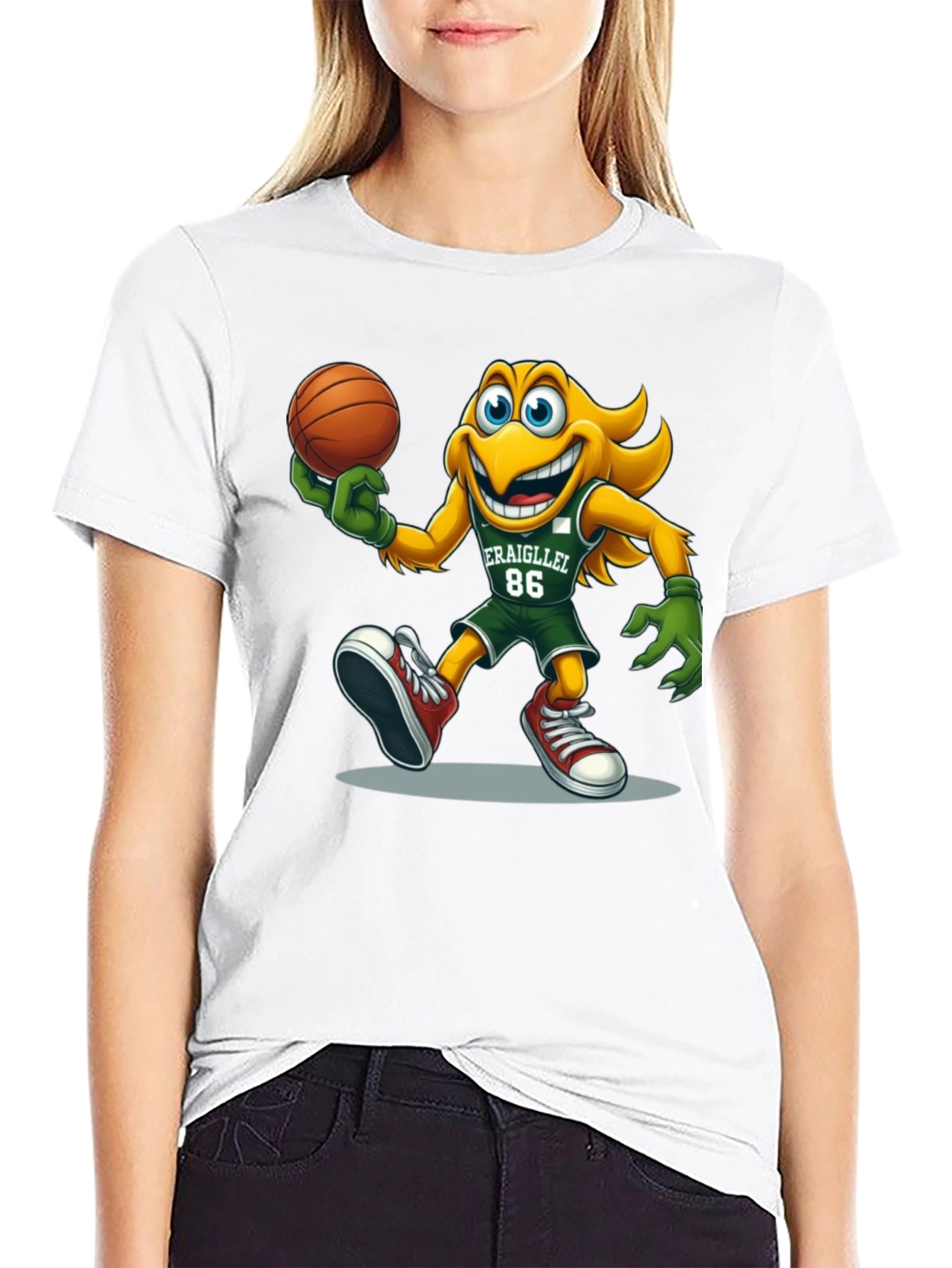 Camiseta Negra con Dibujo Animado de Baloncesto