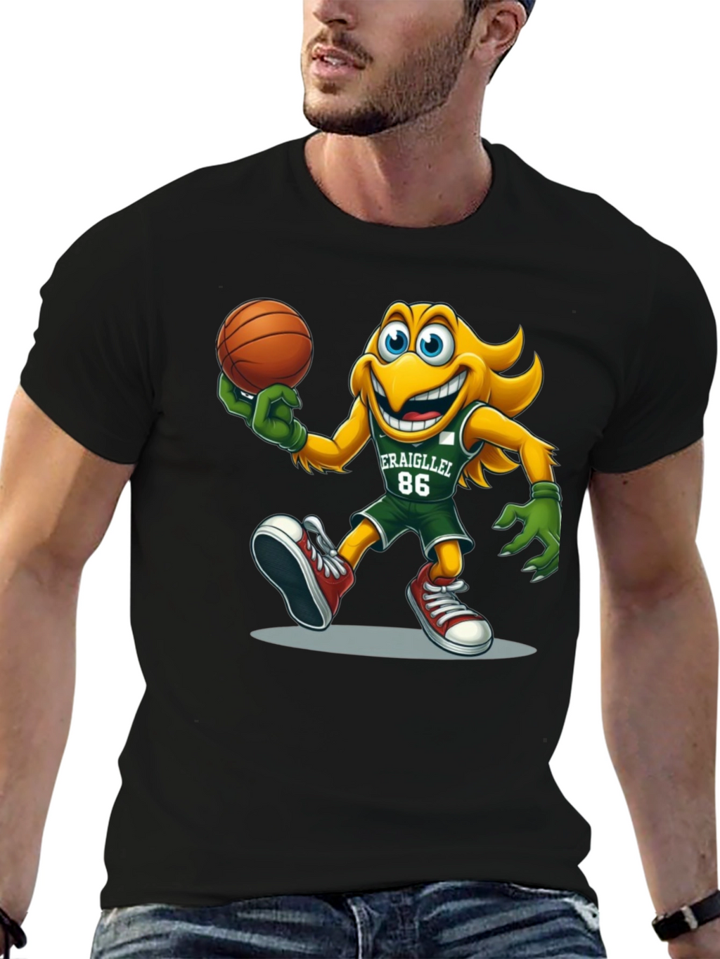 Camiseta Negra con Dibujo Animado de Baloncesto