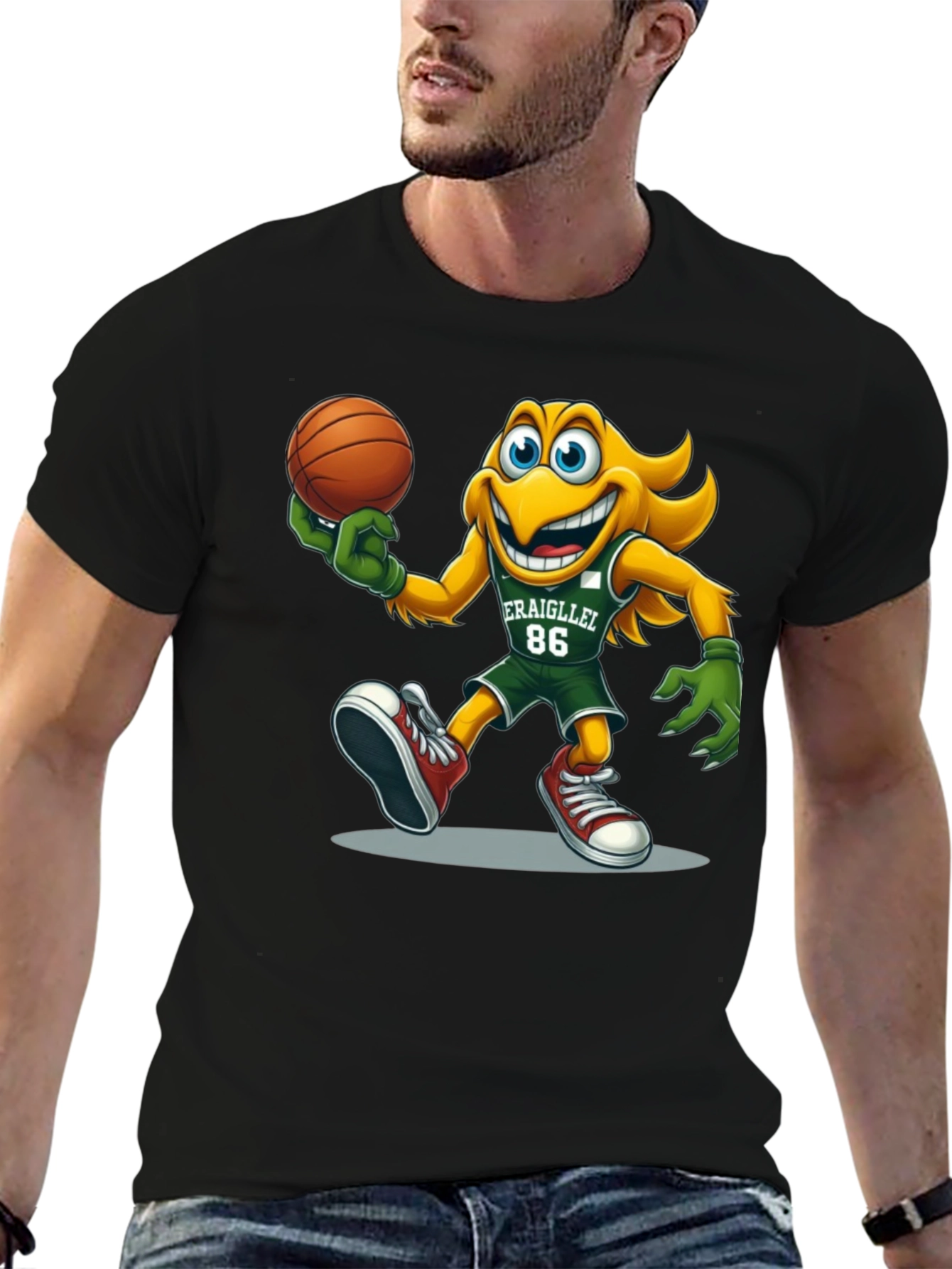 Camiseta Negra con Dibujo Animado de Baloncesto