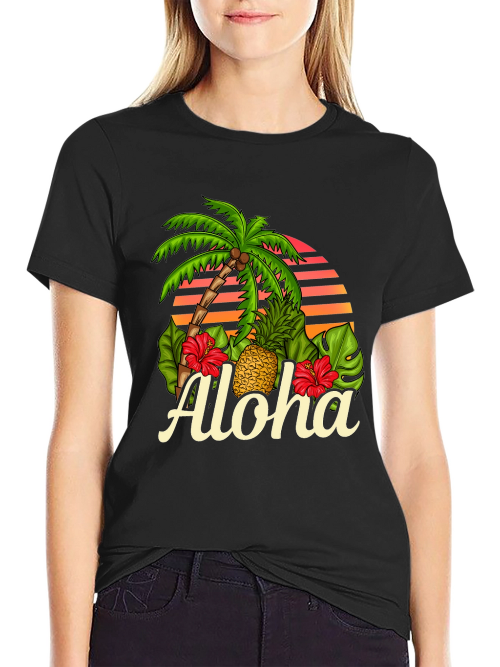 Camiseta Negra Aloha Tropical con Palmera