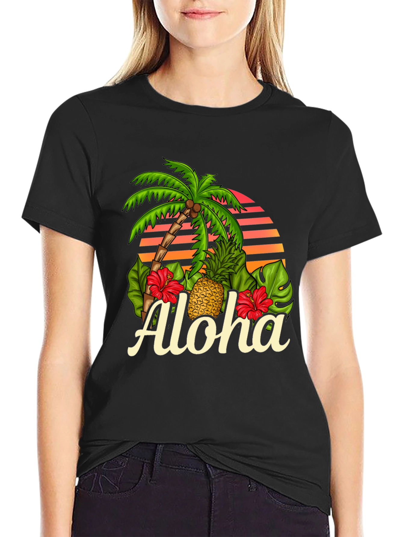 Camiseta Negra Aloha Tropical con Palmera