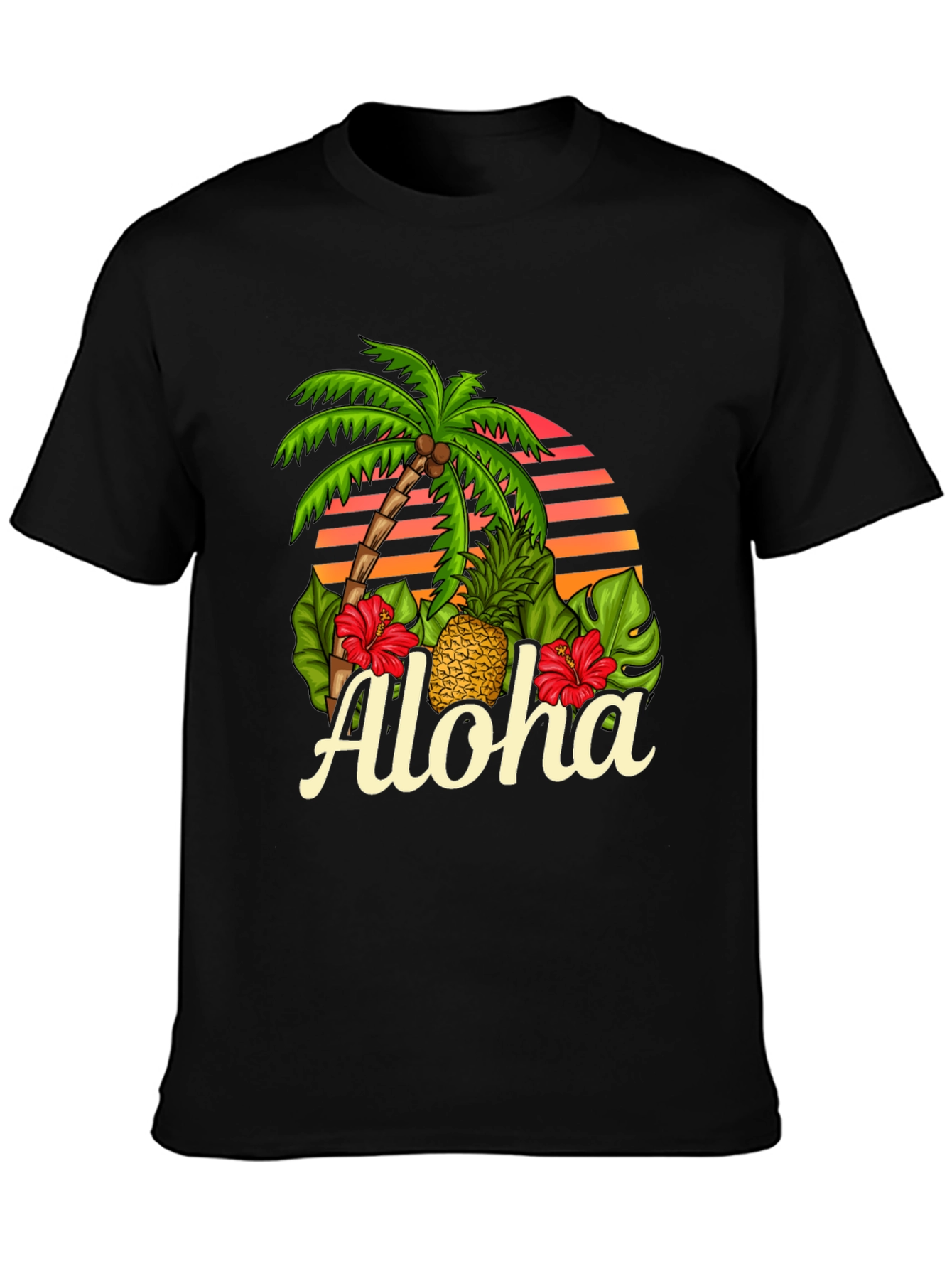 Camiseta Negra Aloha Tropical con Palmera