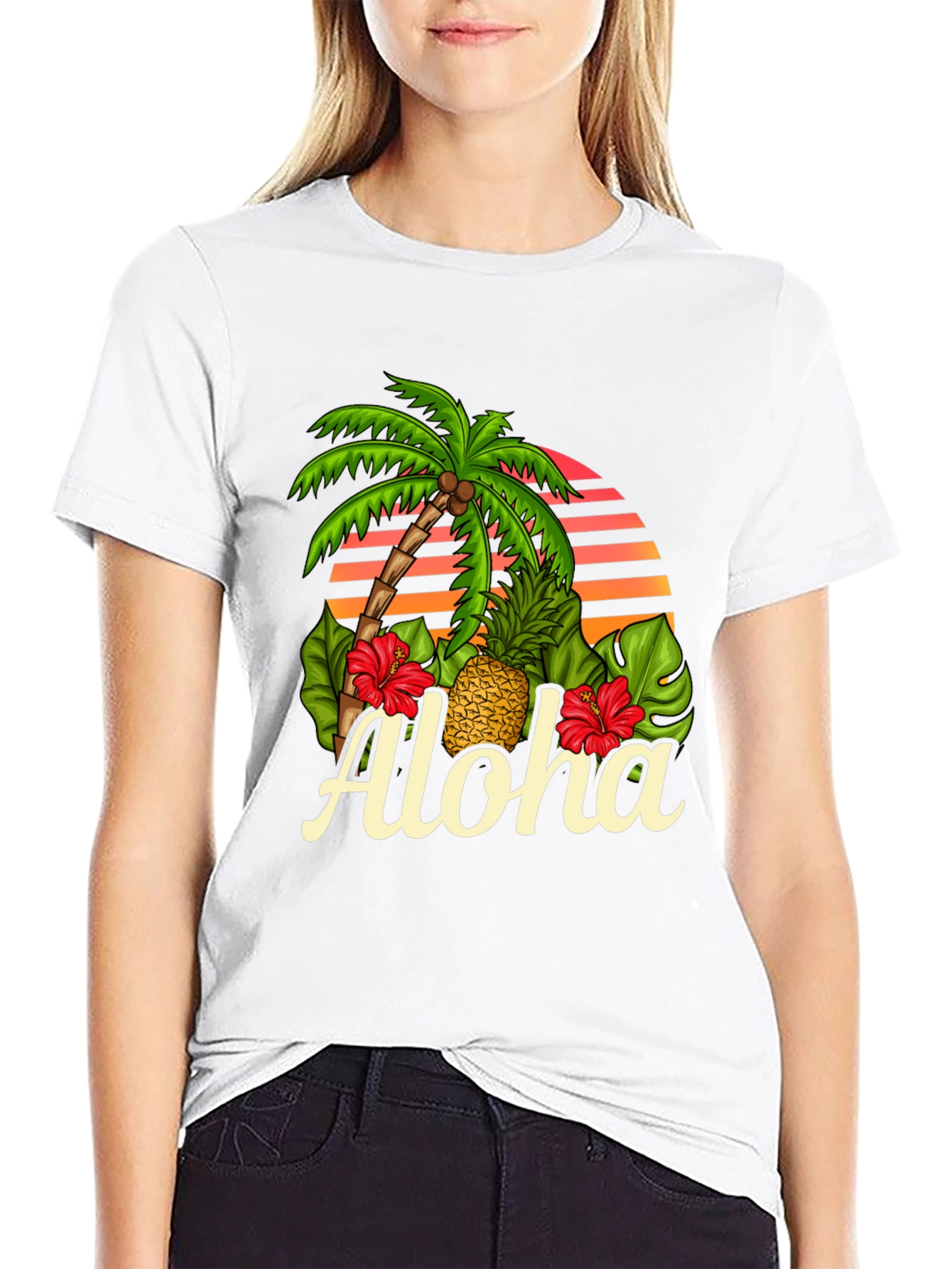 Camiseta Negra Aloha Tropical con Palmera