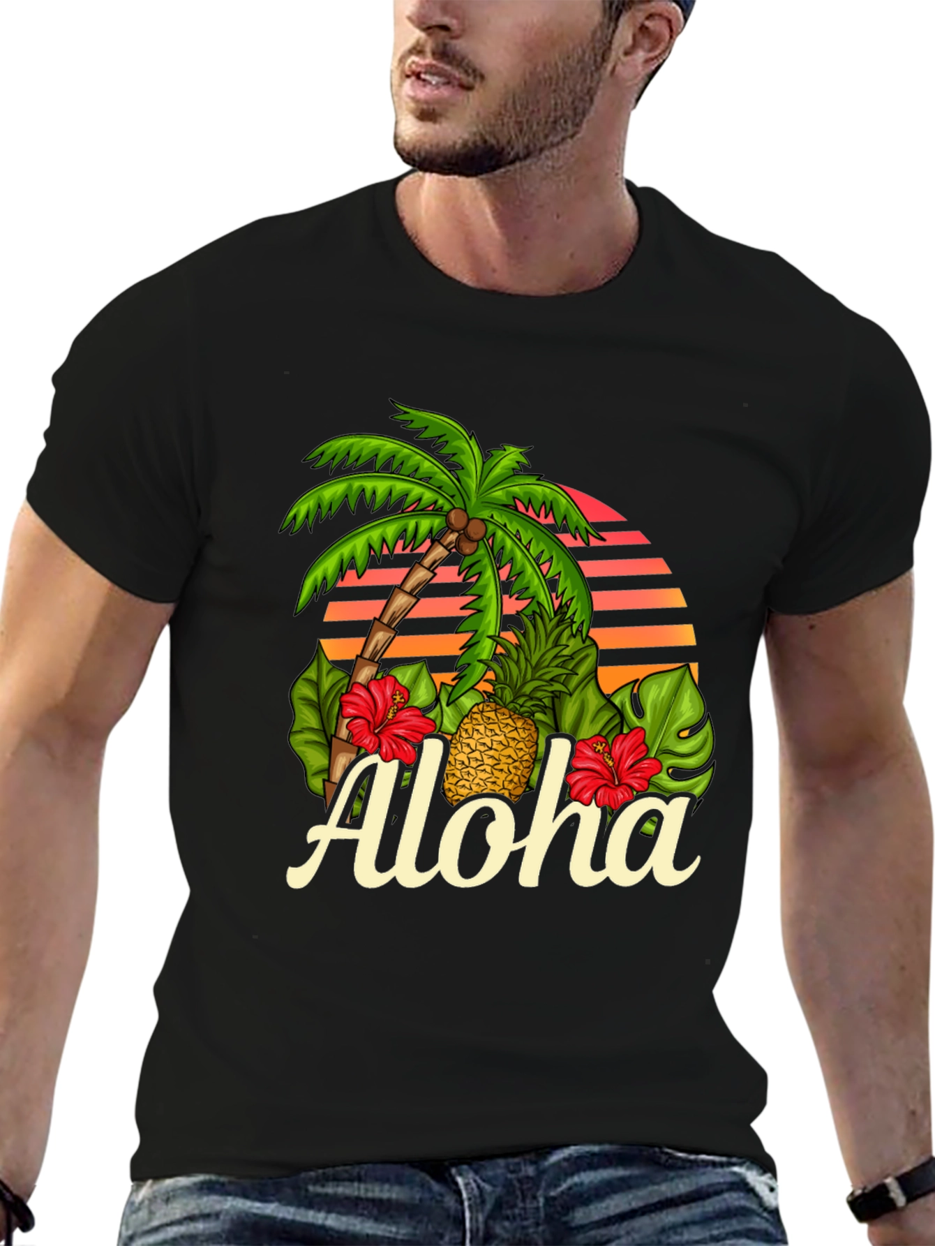 Camiseta Negra Aloha Tropical con Palmera