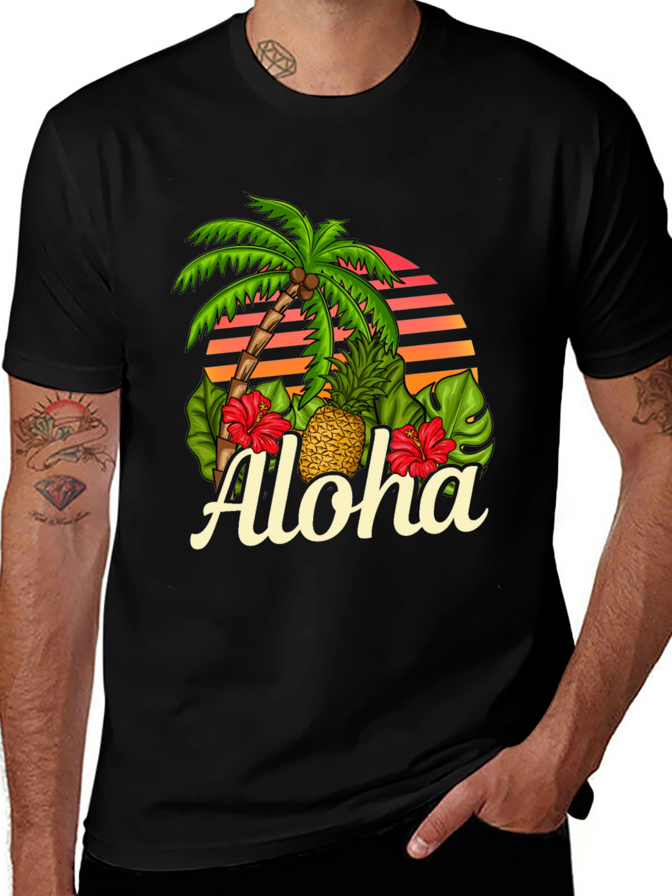 Camiseta Negra Aloha Tropical con Palmera