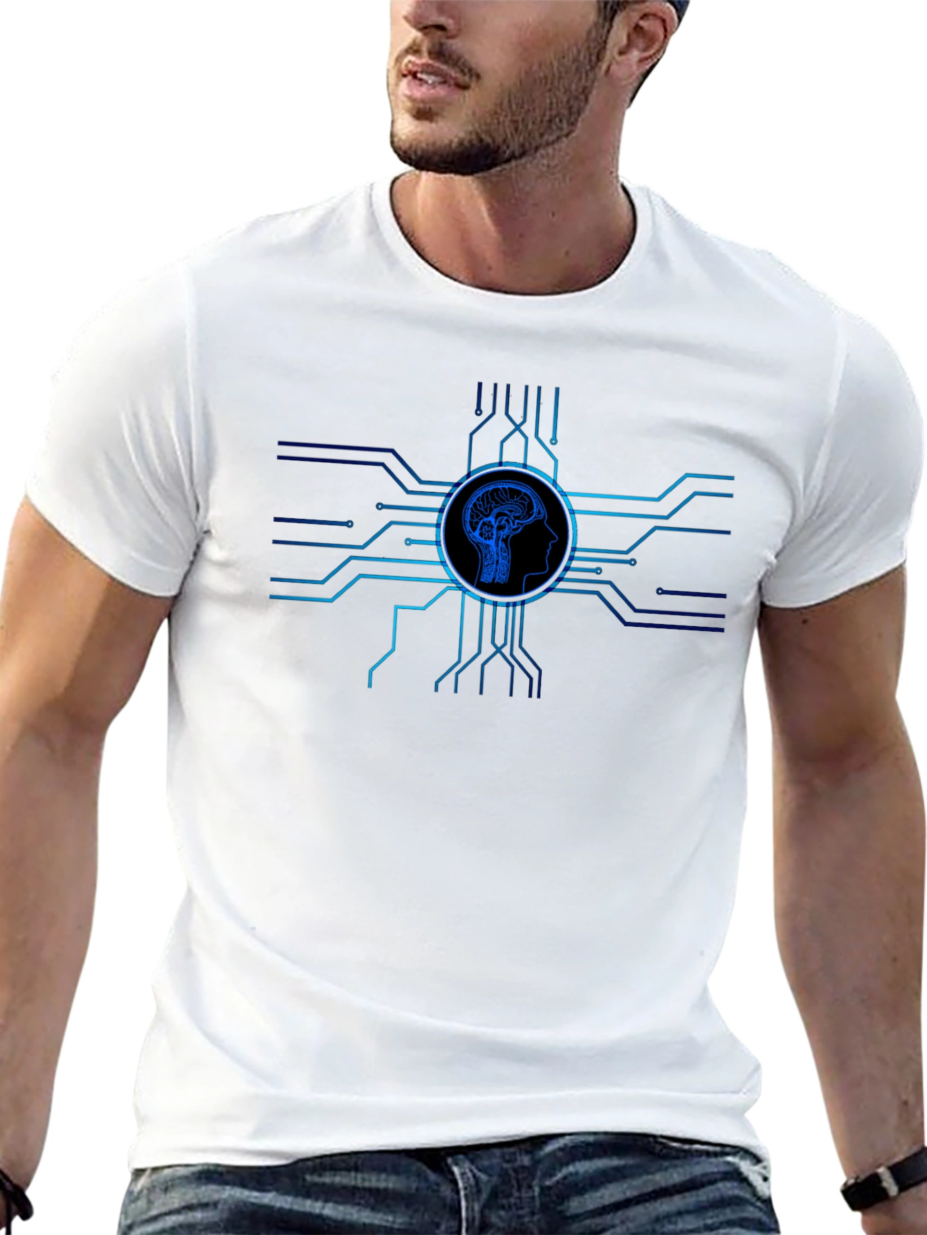 Camiseta Negra con Diseño de Cerebro y Circuito