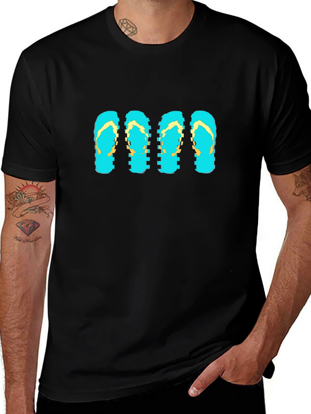 Camiseta Negra con Diseño de Chanclas Pixeladas