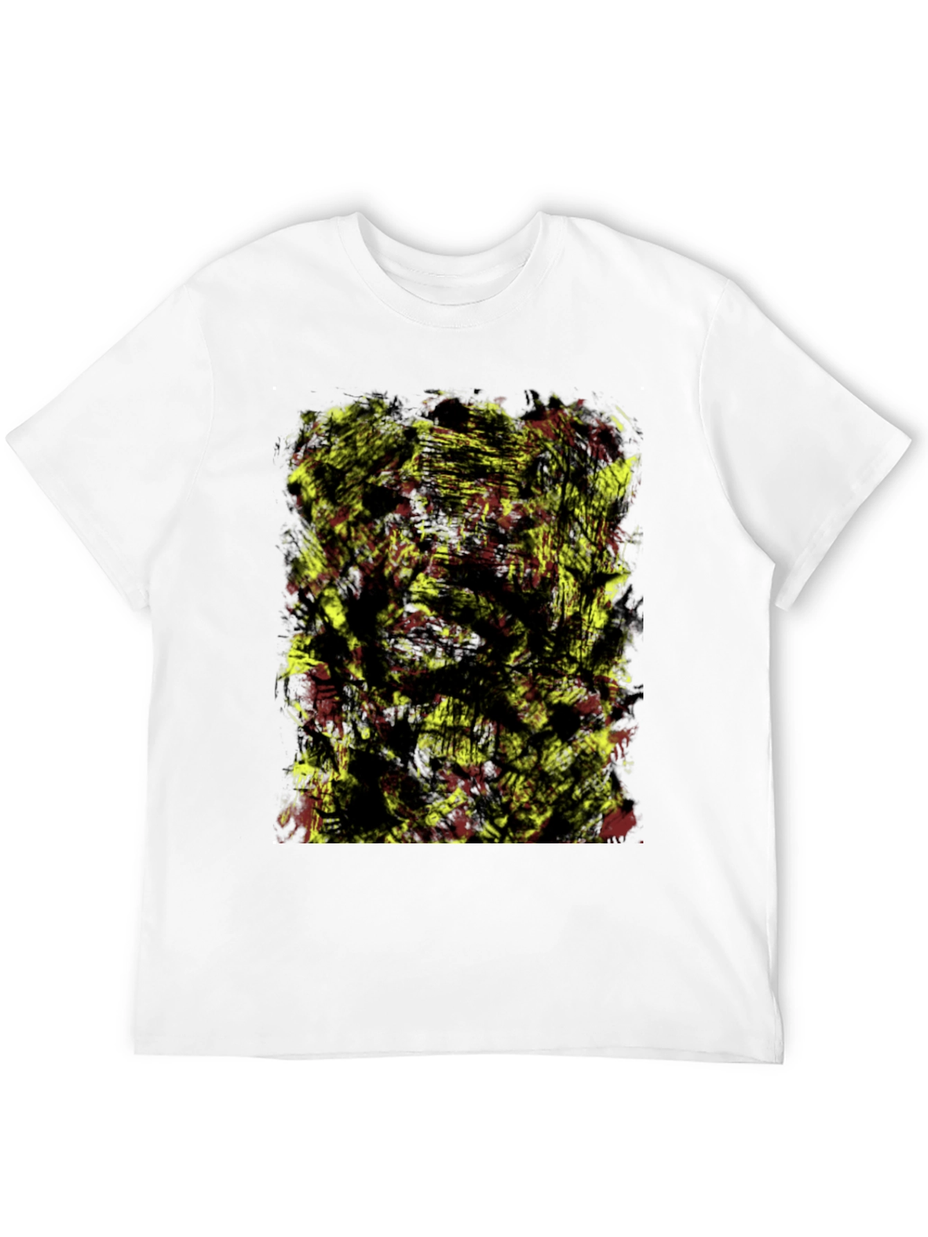 Camiseta Negra con Diseño Abstracto Amarillo y Rojo