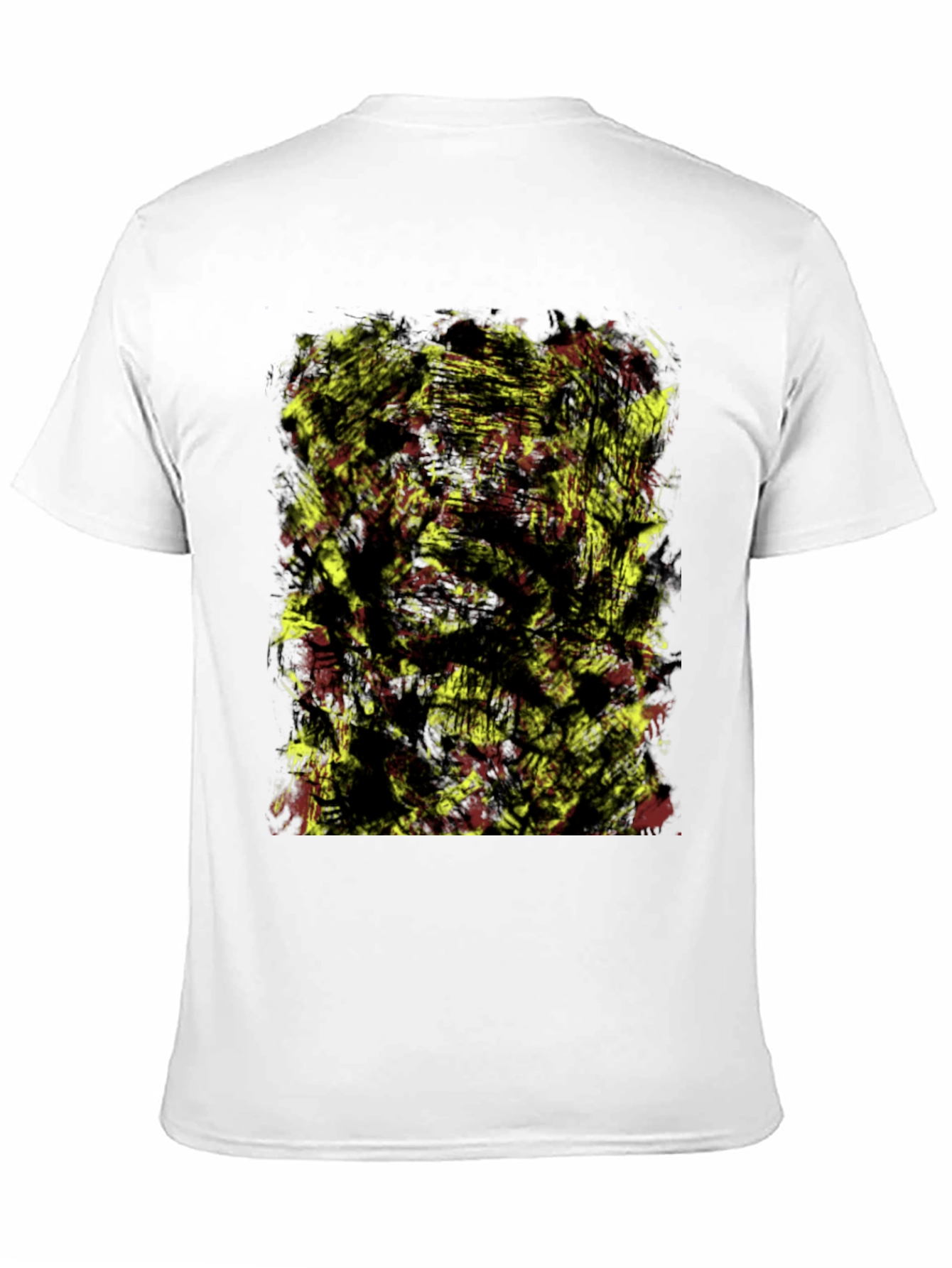 Camiseta Negra con Diseño Abstracto Amarillo y Rojo