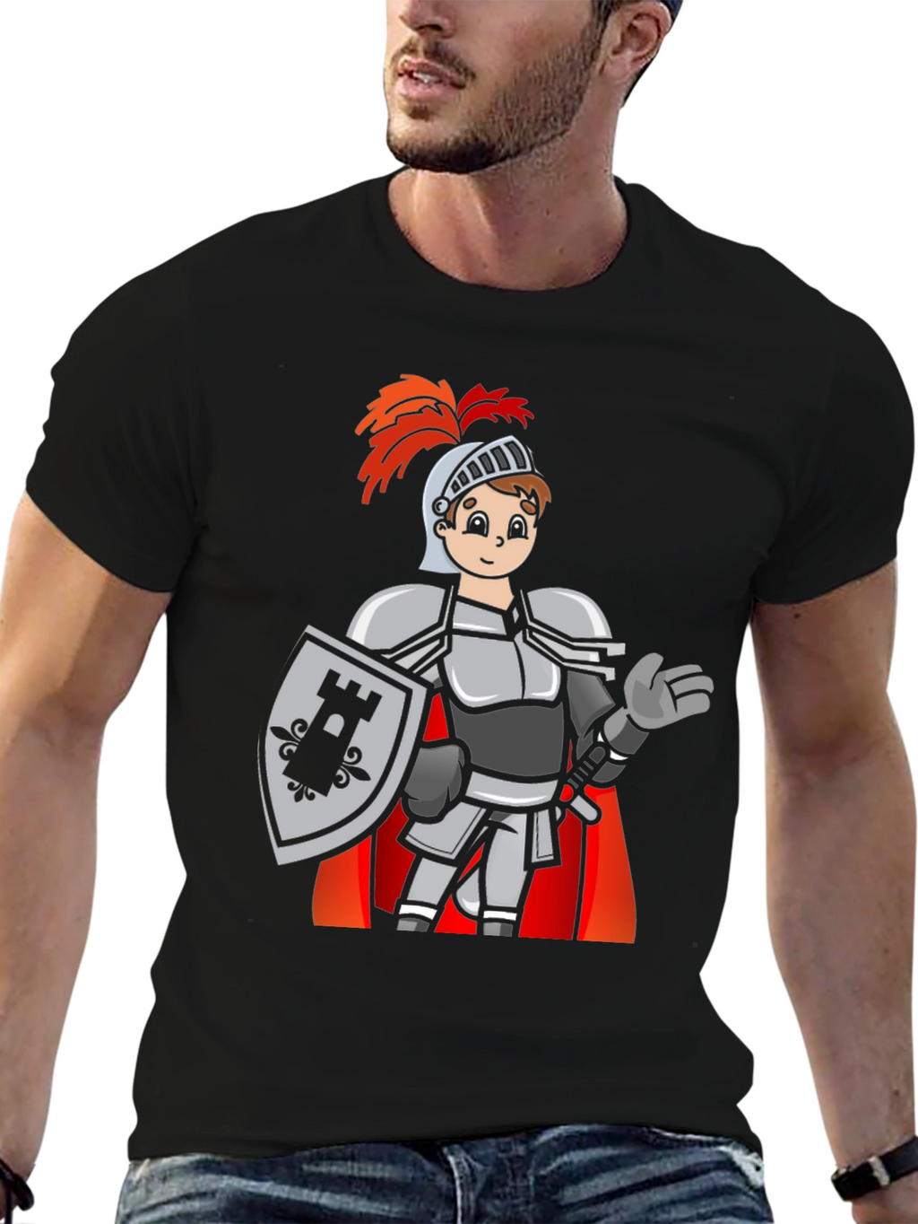 Camiseta Negra con Caballero Medieval Divertido