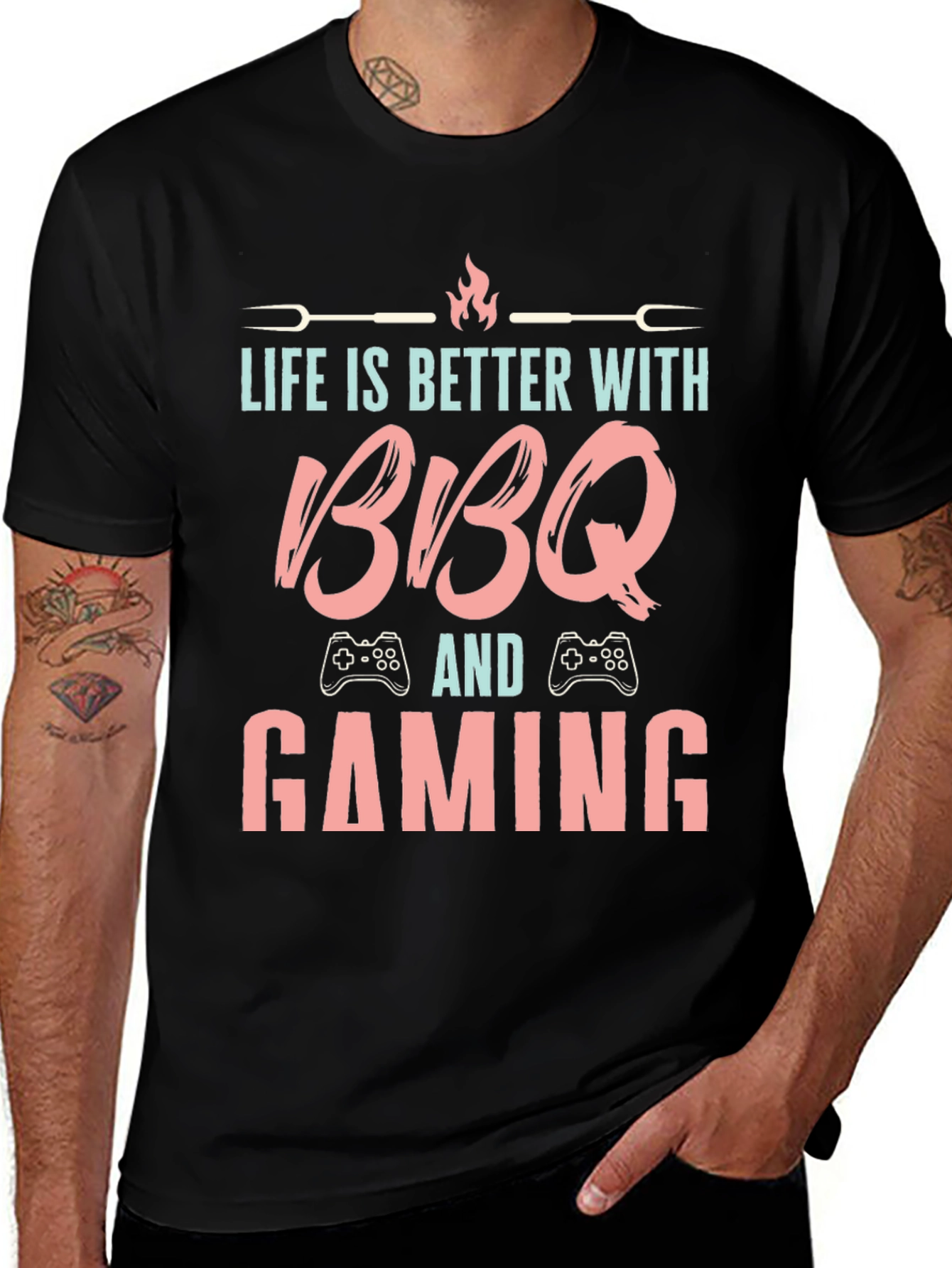 Camiseta Negra Barbacoa y Gaming - ¡La Combinación Perfecta!