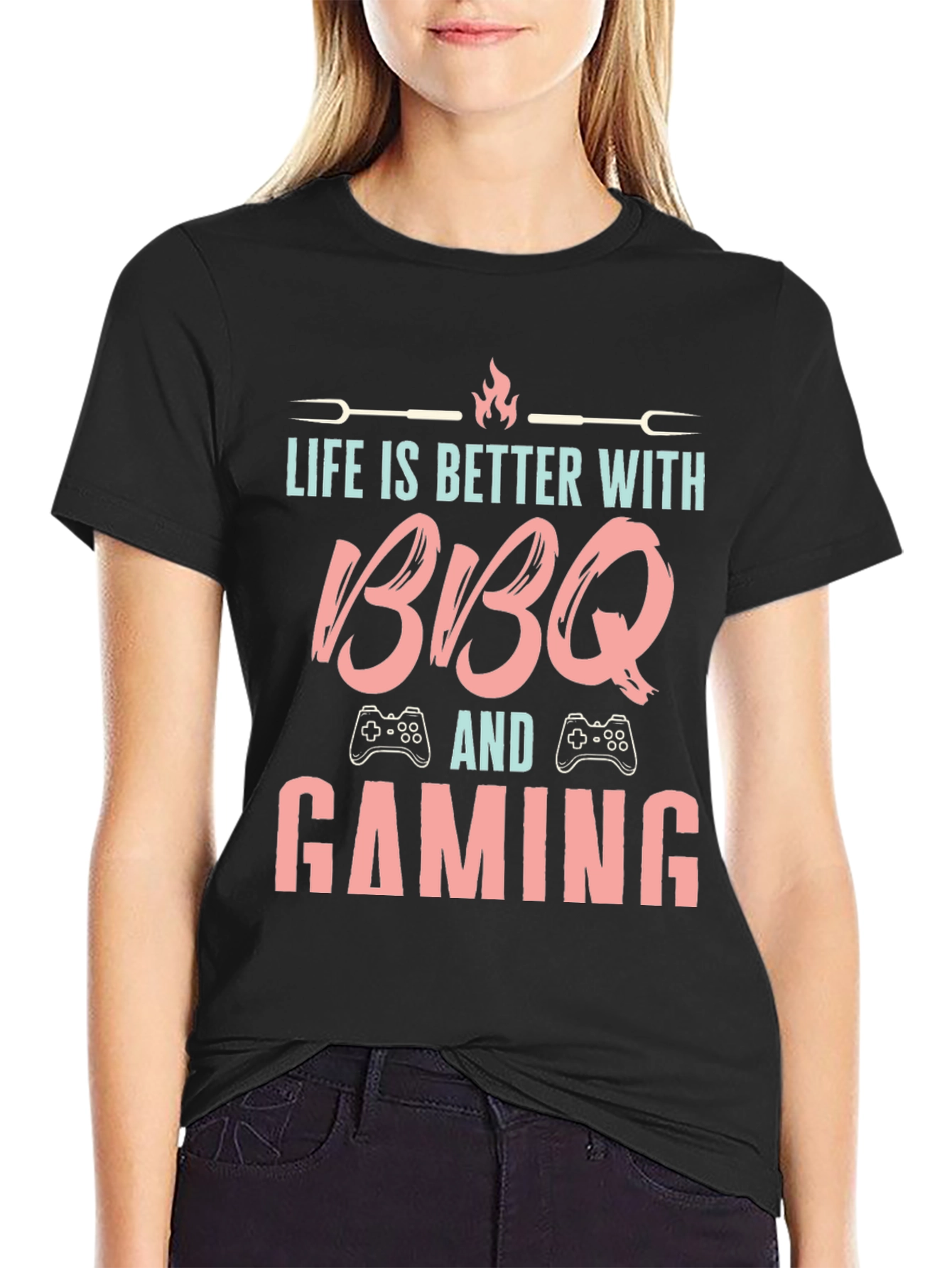 Camiseta Negra Barbacoa y Gaming - ¡La Combinación Perfecta!
