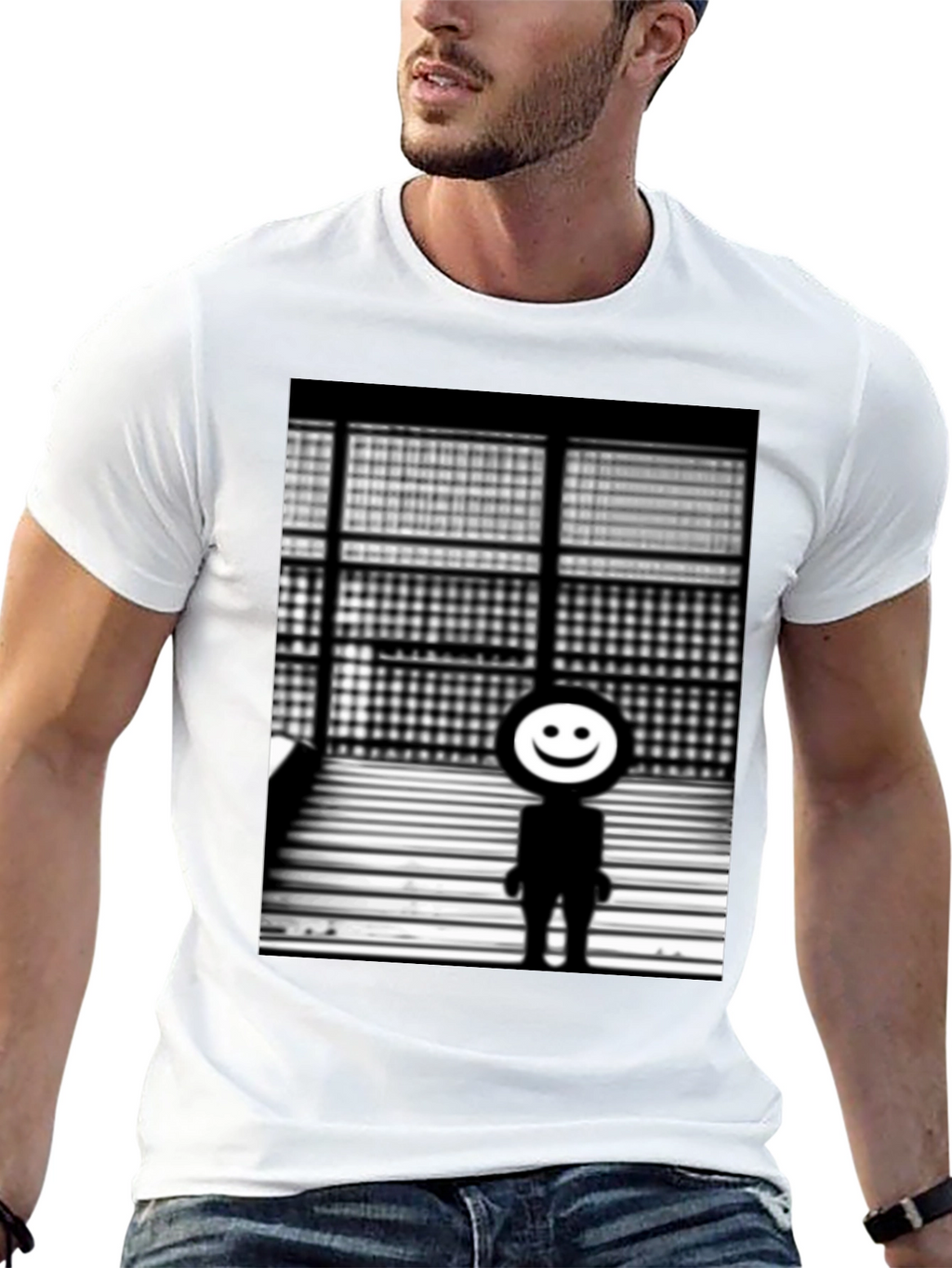 Camiseta Negra con Diseño Abstracto Sonriente