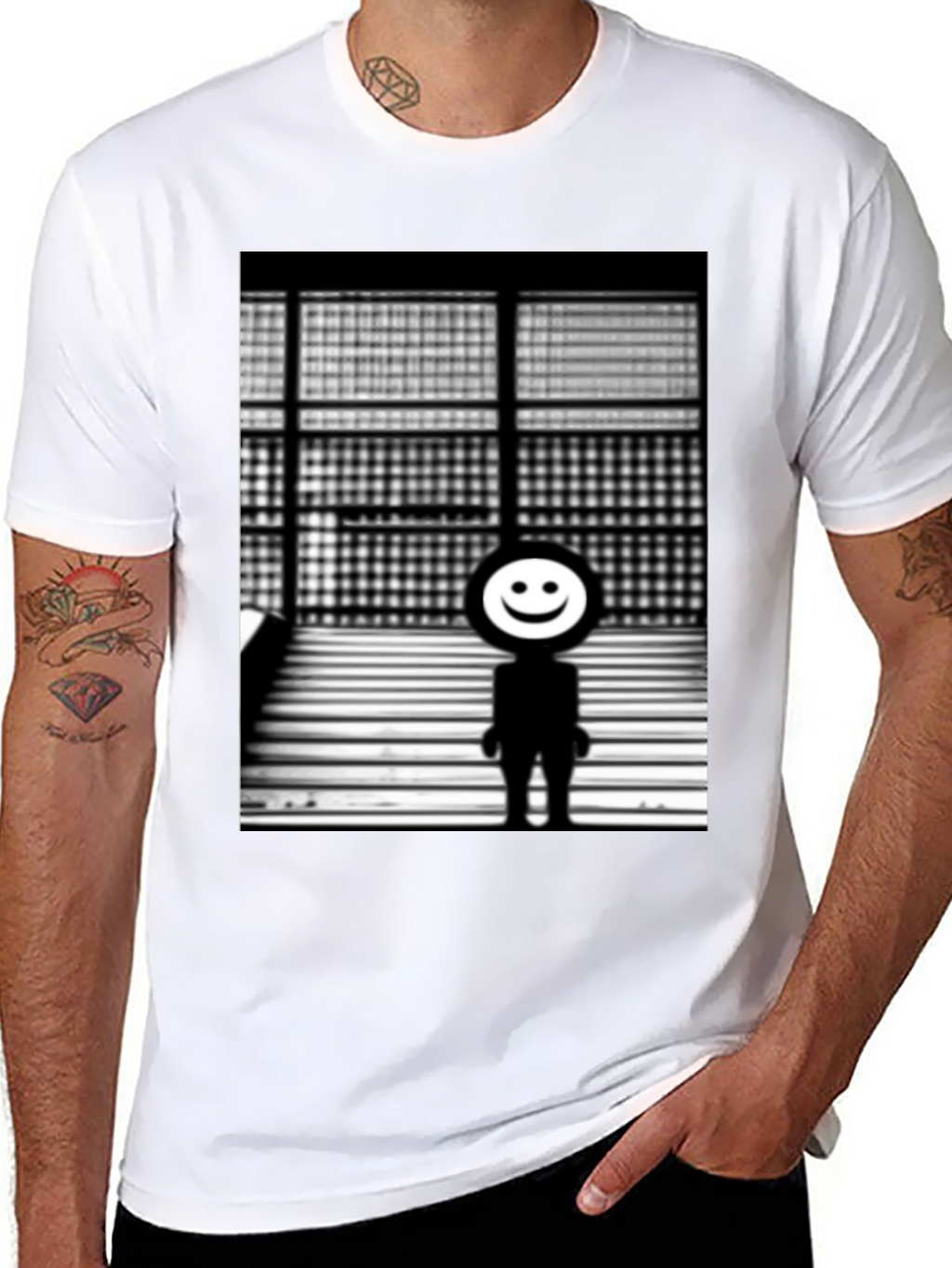 Camiseta Negra con Diseño Abstracto Sonriente