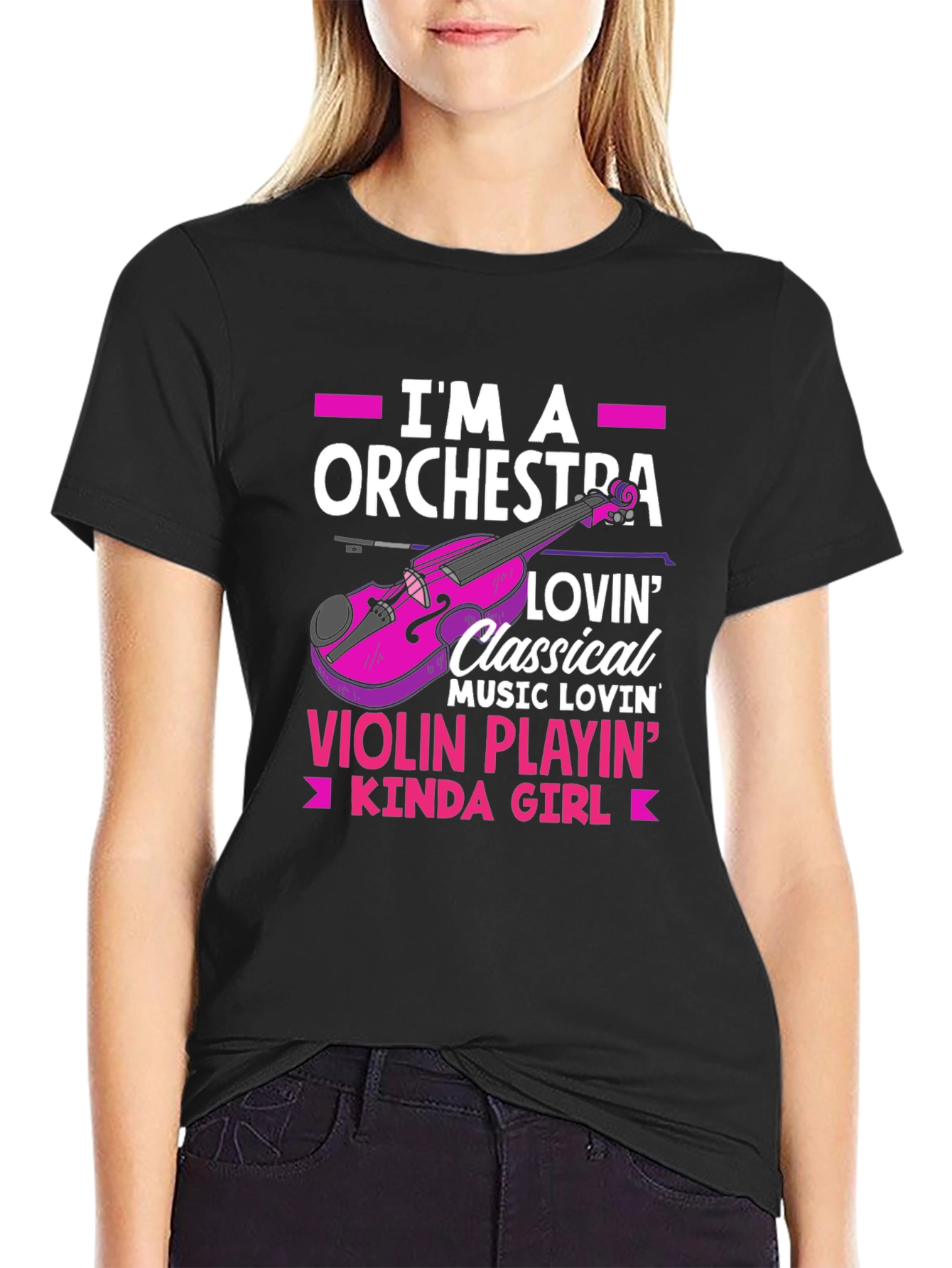 Camiseta Negra con Diseño de Orquesta y Violín para Mujer