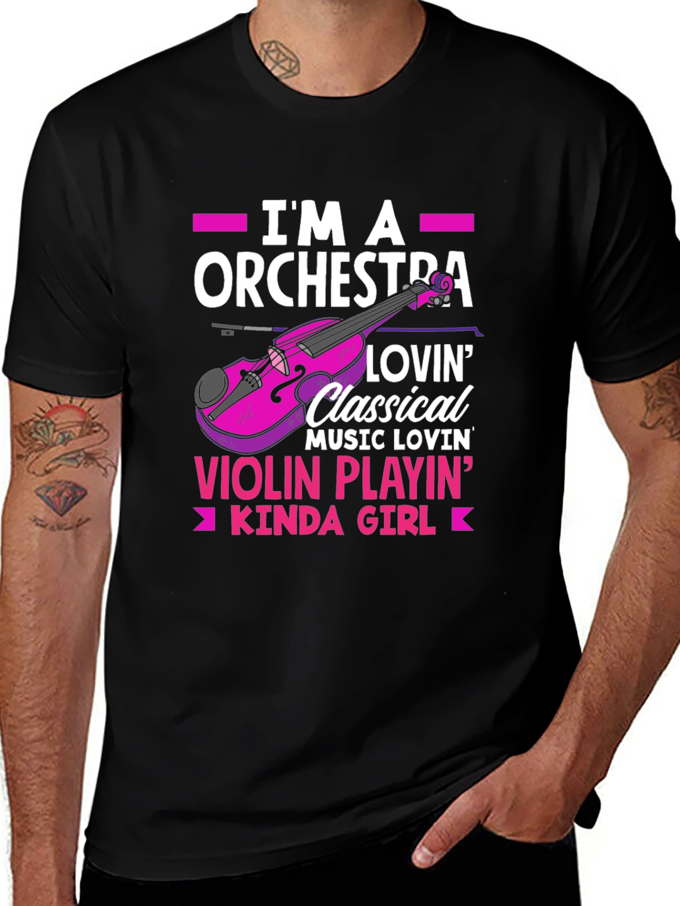 Camiseta Negra con Diseño de Orquesta y Violín para Mujer